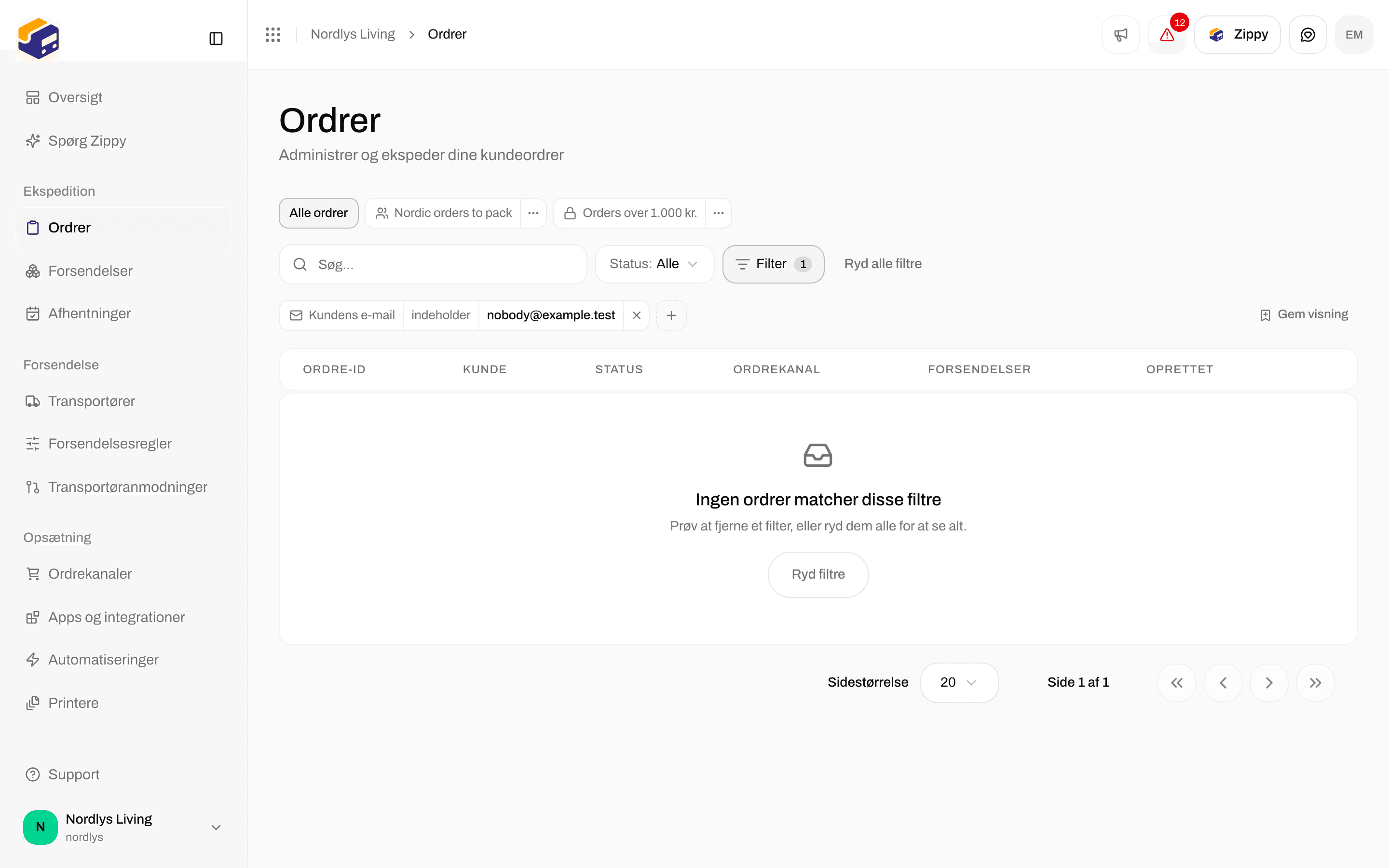 Tom ordretabel med Ingen ordrer matcher disse filtre og en knap Ryd filtre