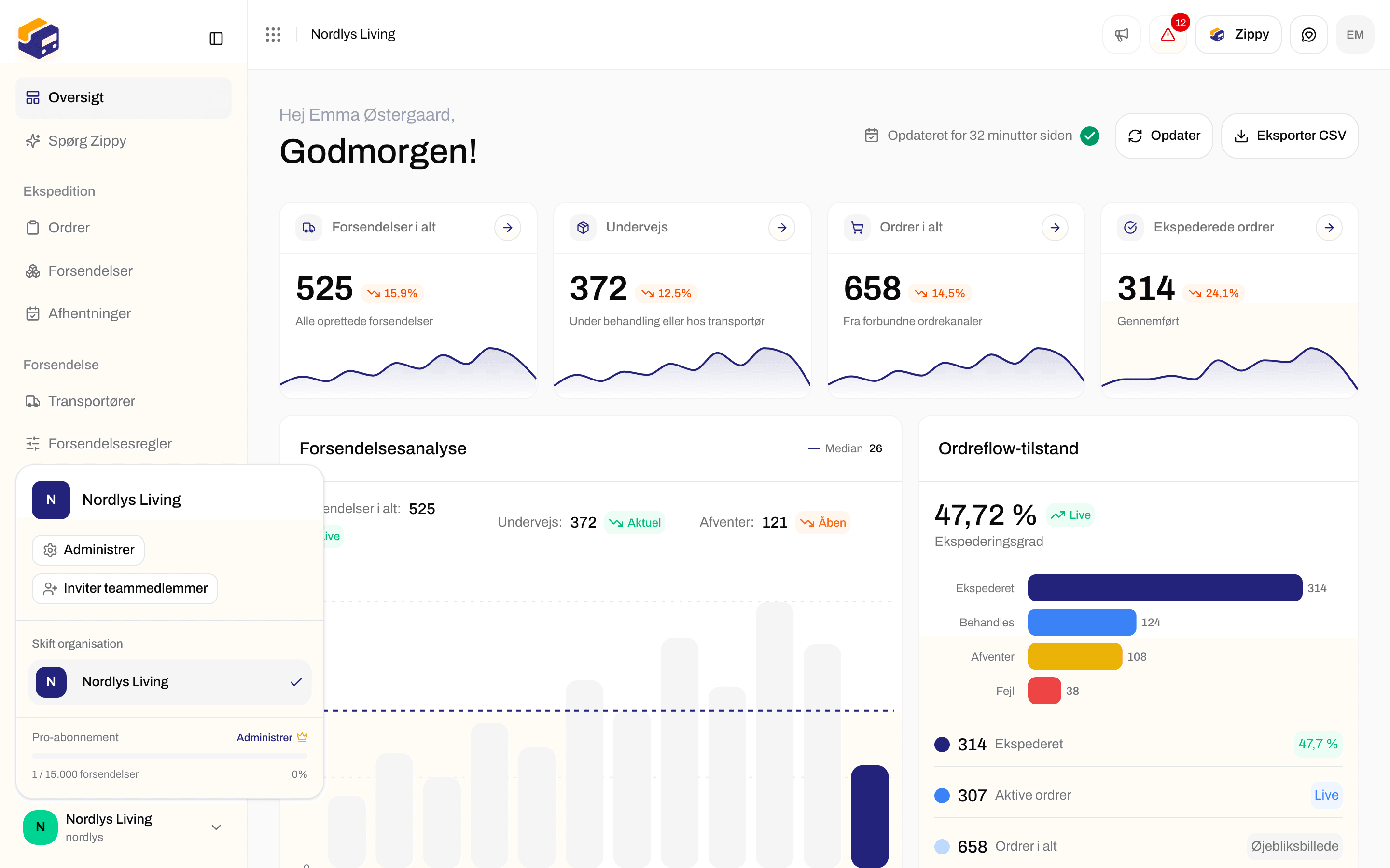 Organisationsmenu med organisationens navn, Administrer, invitationsvalget, Skift organisation og abonnementet