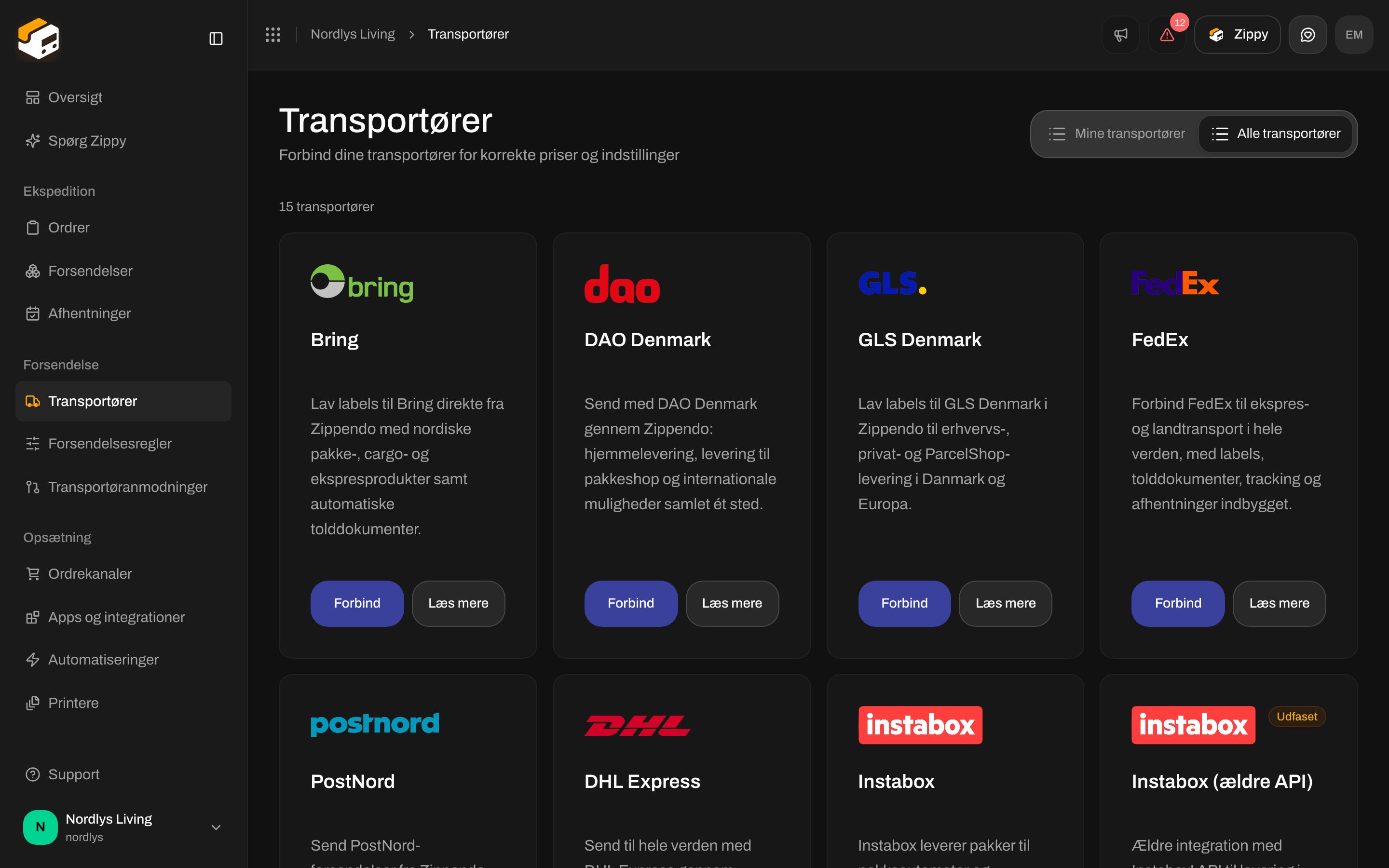 Alle transportører med Bring, DAO Denmark, GLS Denmark, FedEx, PostNord, DHL Express og Instabox
