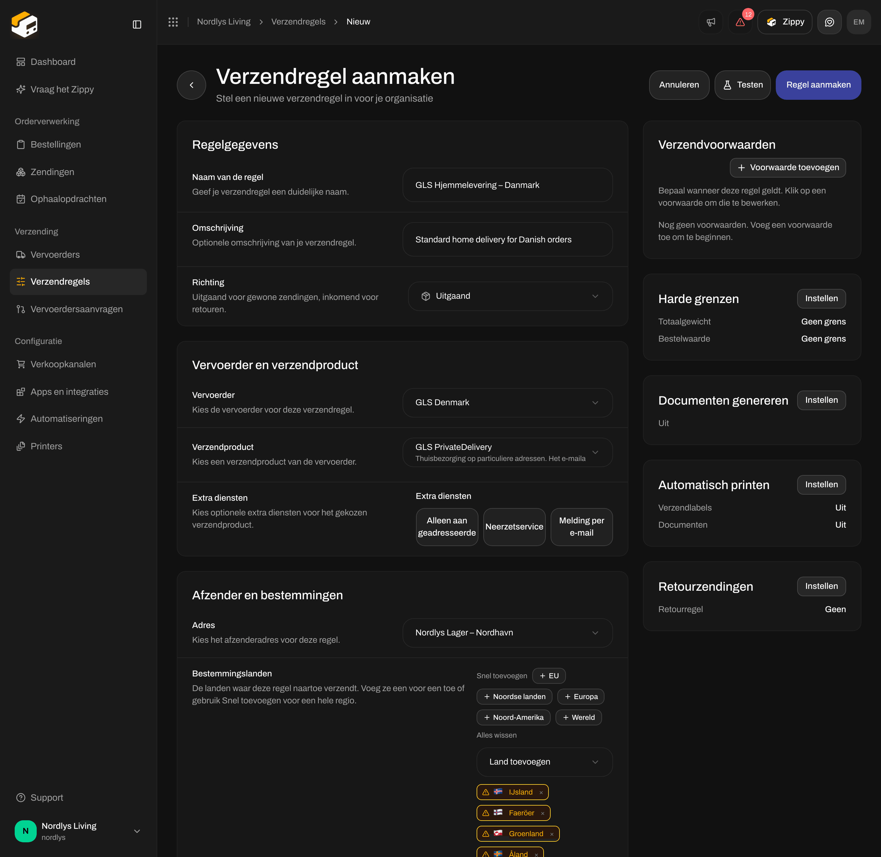Formulier Verzendregel aanmaken met GLS Denmark, GLS PrivateDelivery en de Noordse landen als landen