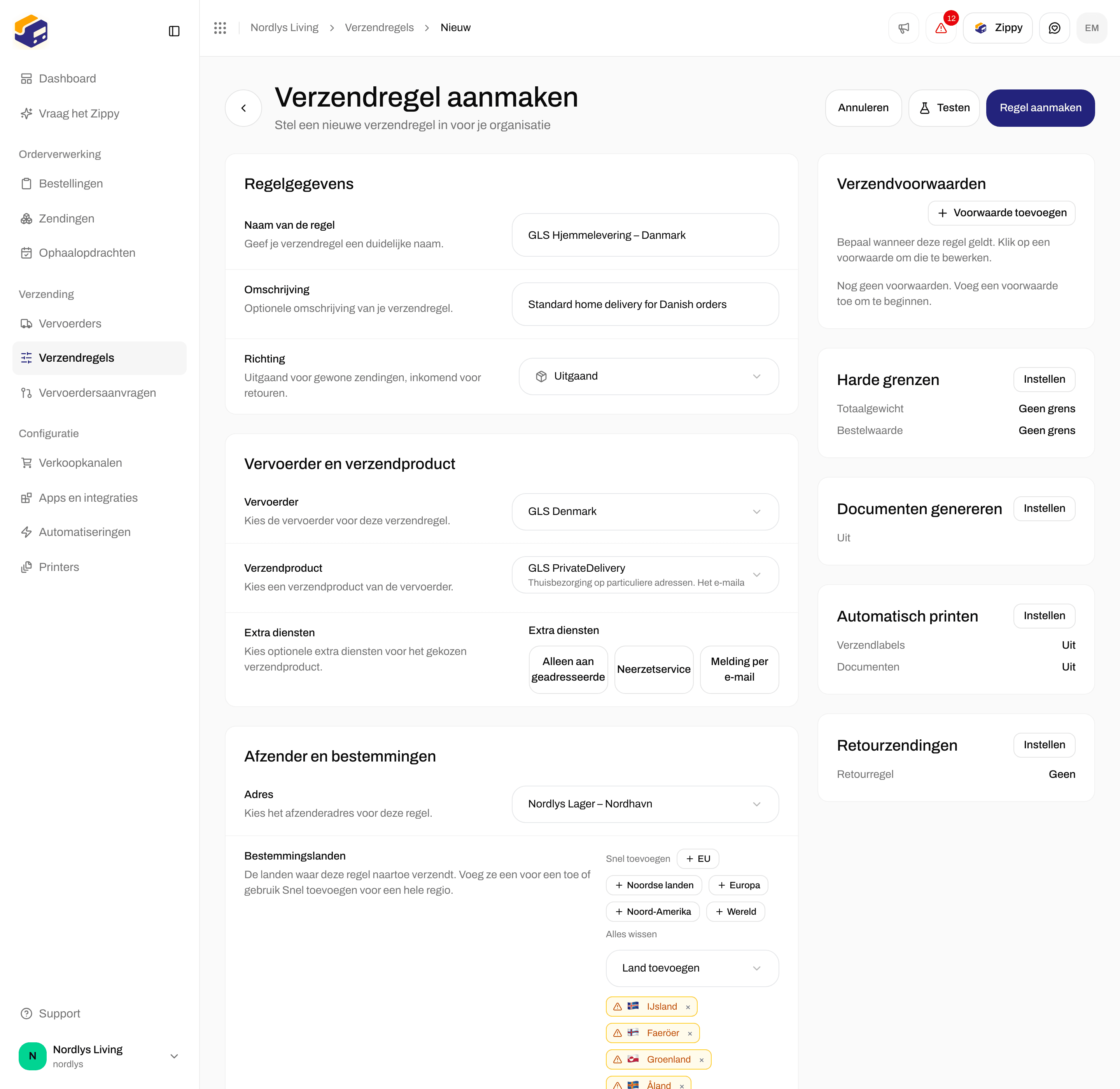 Formulier Verzendregel aanmaken met GLS Denmark, GLS PrivateDelivery en de Noordse landen als landen