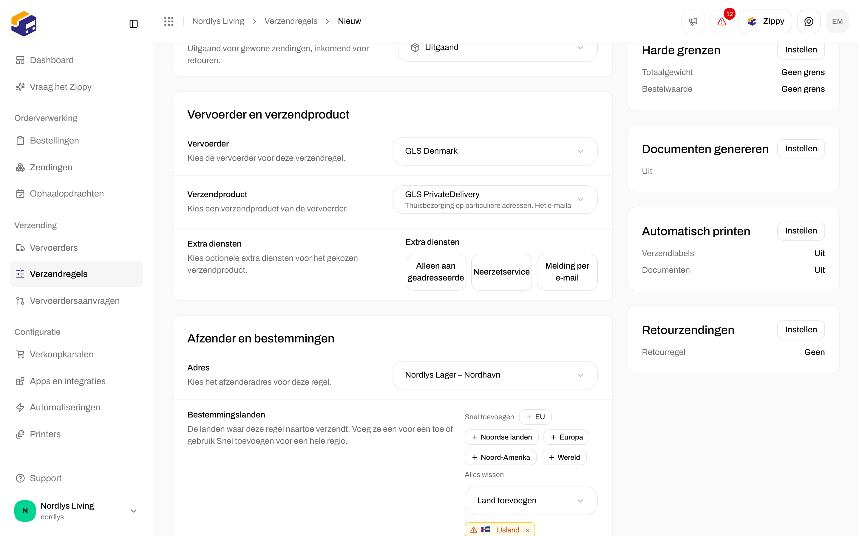 Onderdelen Automatisch printen en Retourzendingen in het formulier van de verzendregel