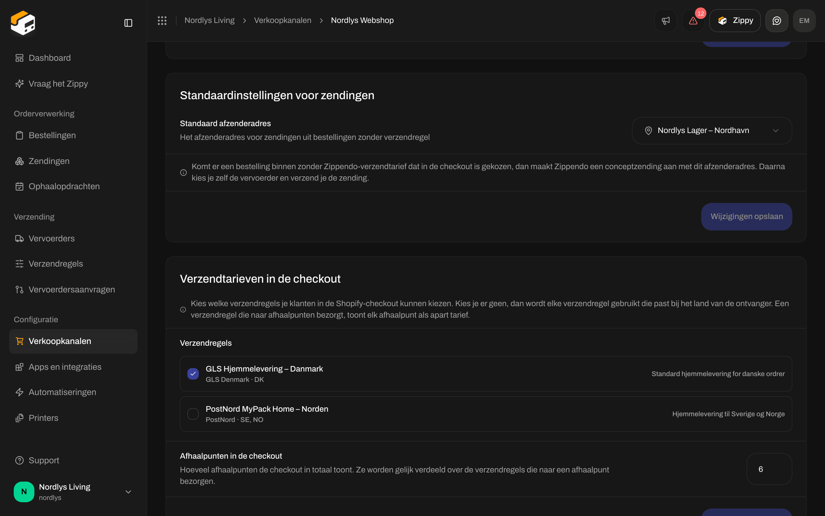 Verzendtarieven in de checkout met selectievakjes voor verzendregels en Afhaalpunten in de checkout