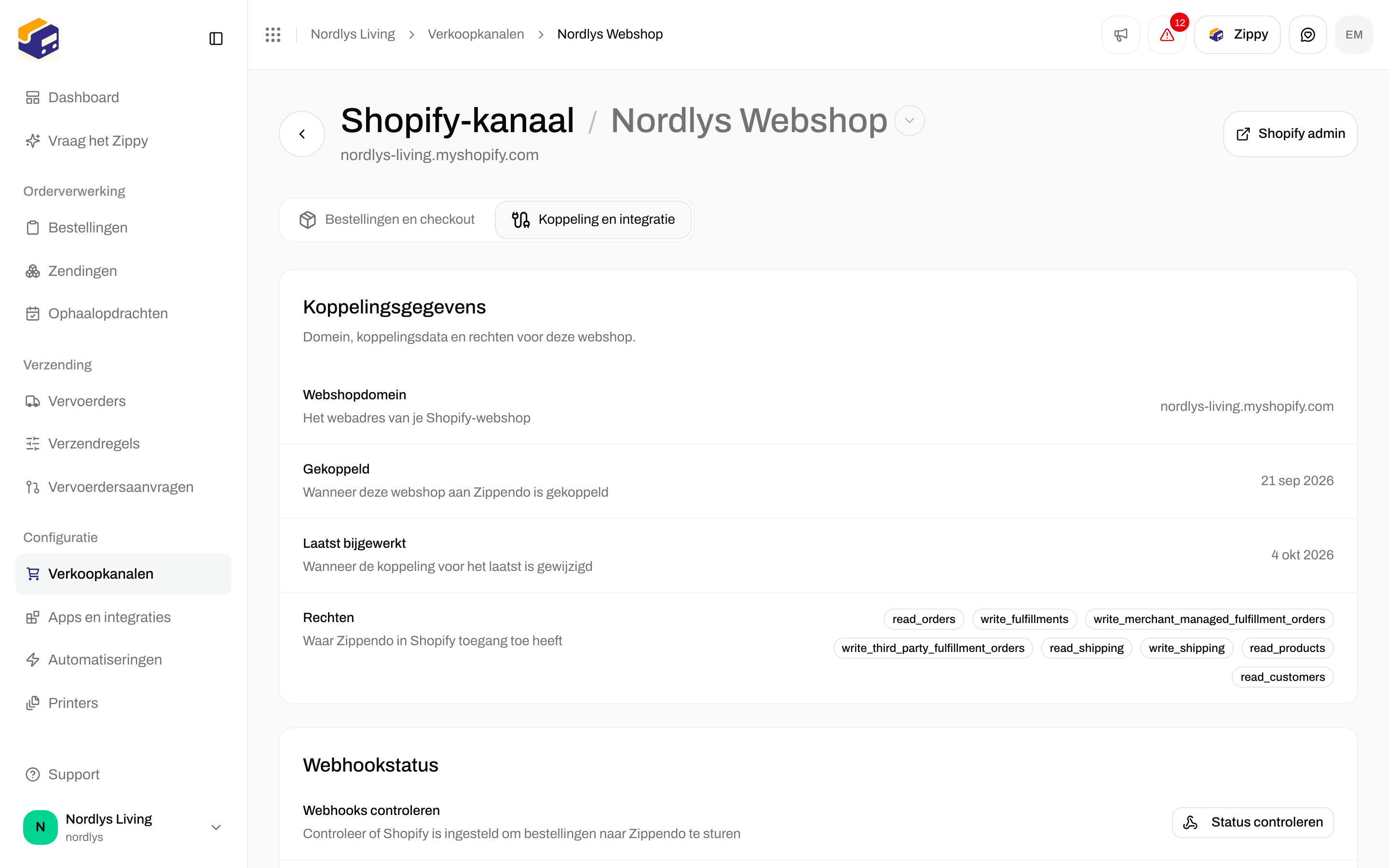 Tabblad Koppeling en integratie van Shopify met koppelingsgegevens en statuscontroles