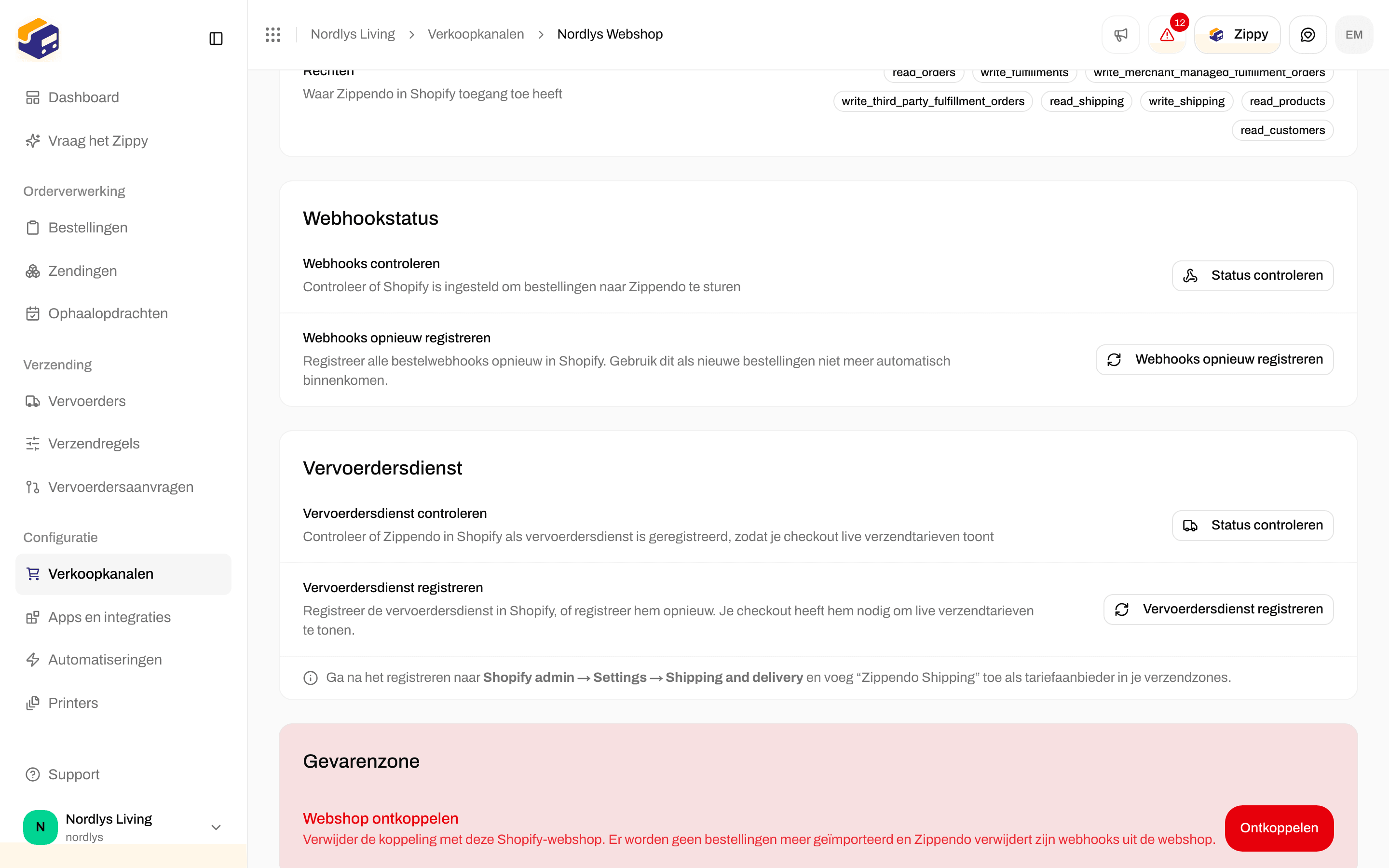Gevarenzone met Webshop ontkoppelen en de knop Ontkoppelen