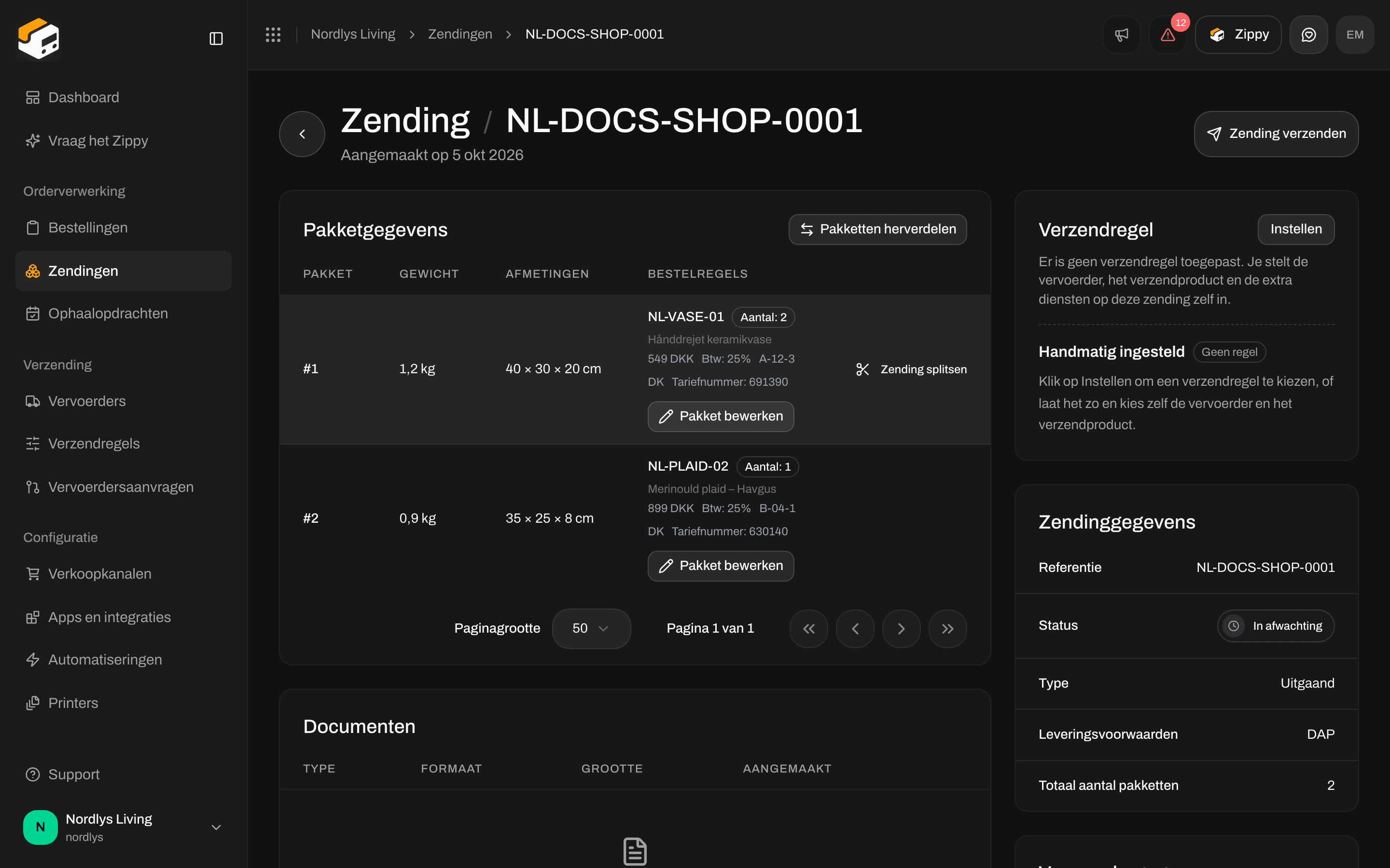 Pakketgegevens met twee pakketten, Zending splitsen, Pakketten herverdelen en Pakket bewerken