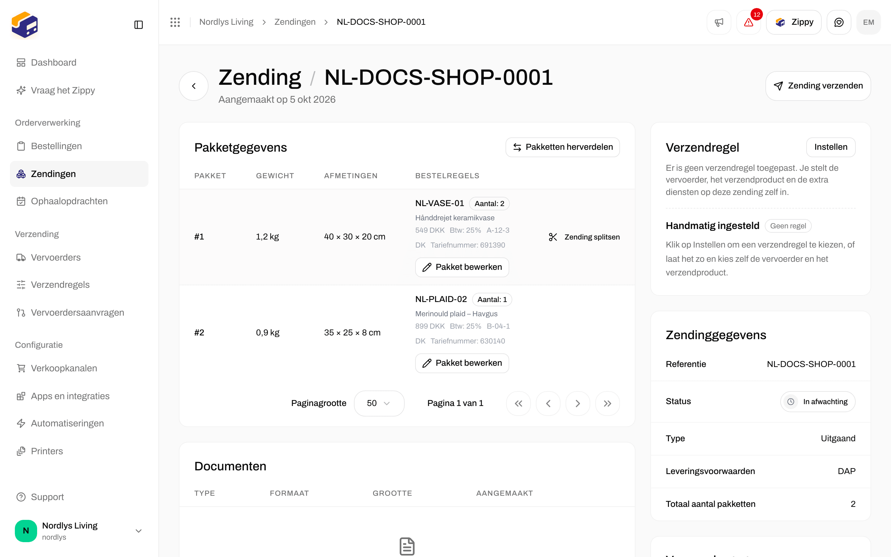 Pakketgegevens met twee pakketten, Zending splitsen, Pakketten herverdelen en Pakket bewerken