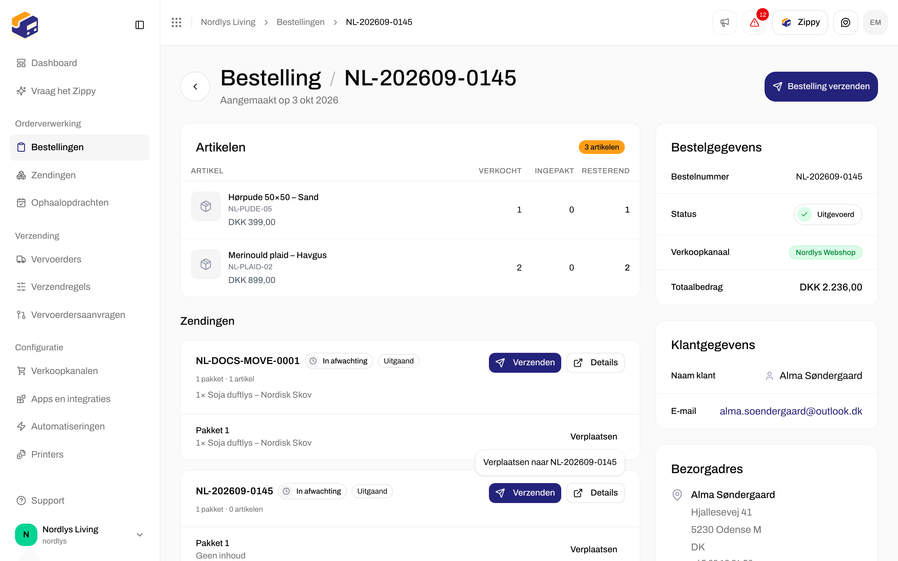 Zendingkaart van een bestelling met de lijst Verplaatsen met de referentie van een andere zending