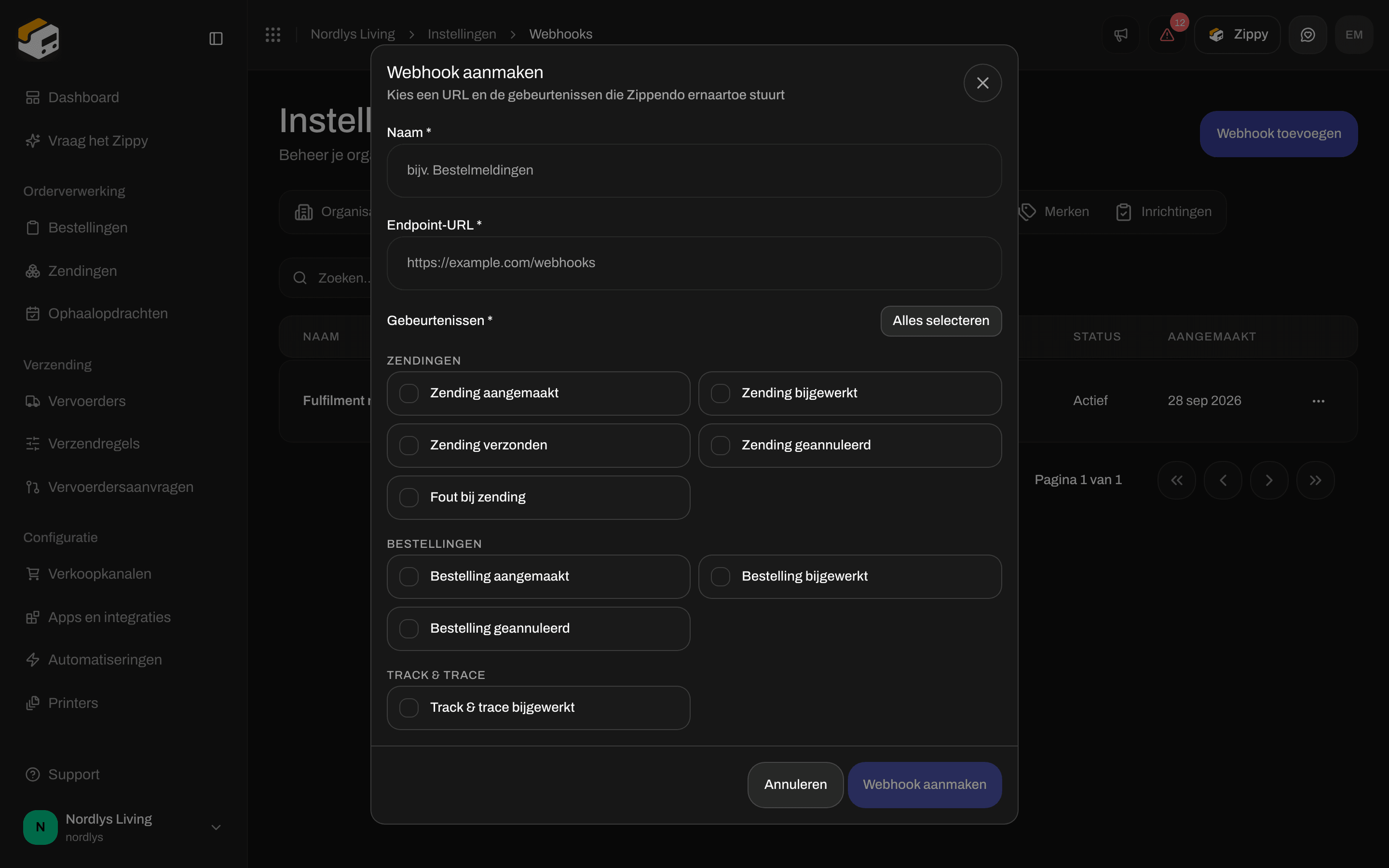 Venster Webhook aanmaken, gescrold naar de groep Tracking met de gebeurtenis Track & trace bijgewerkt