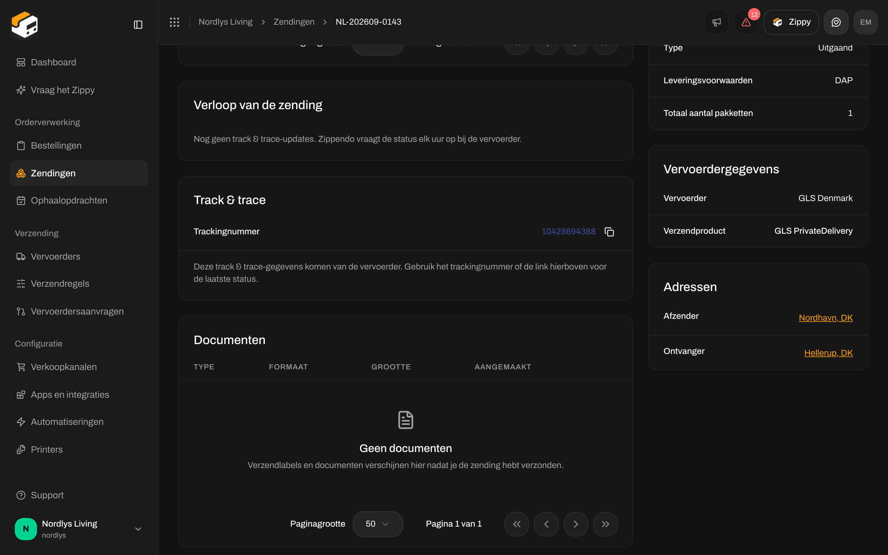 Kaart Verloop van de zending met de tekst dat er nog geen trackingupdates zijn