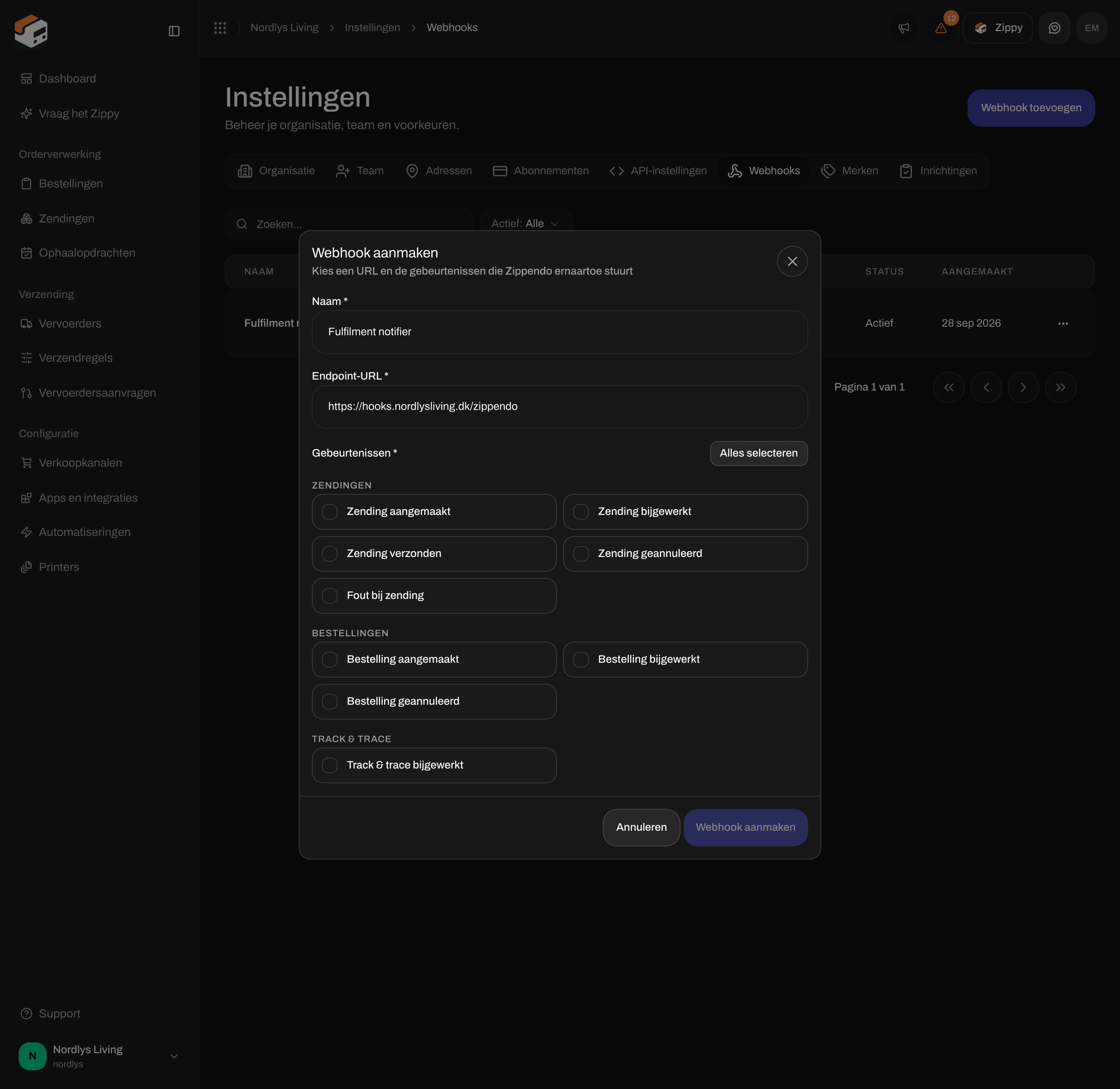 Venster Webhook aanmaken met Naam, Endpoint-URL, Alles selecteren en de selectievakjes voor zendinggebeurtenissen