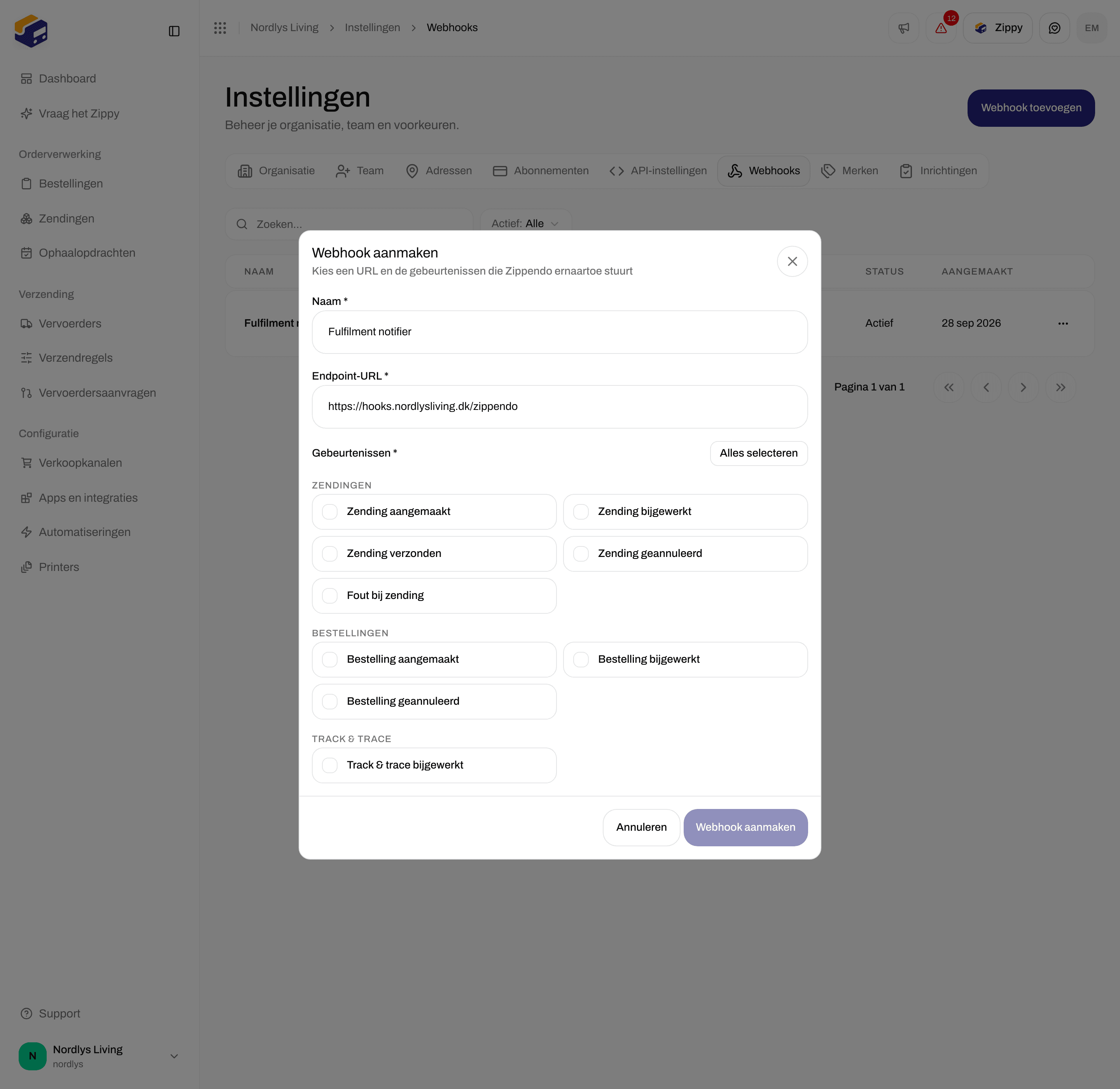 Venster Webhook aanmaken met Naam, Endpoint-URL, Alles selecteren en de selectievakjes voor zendinggebeurtenissen