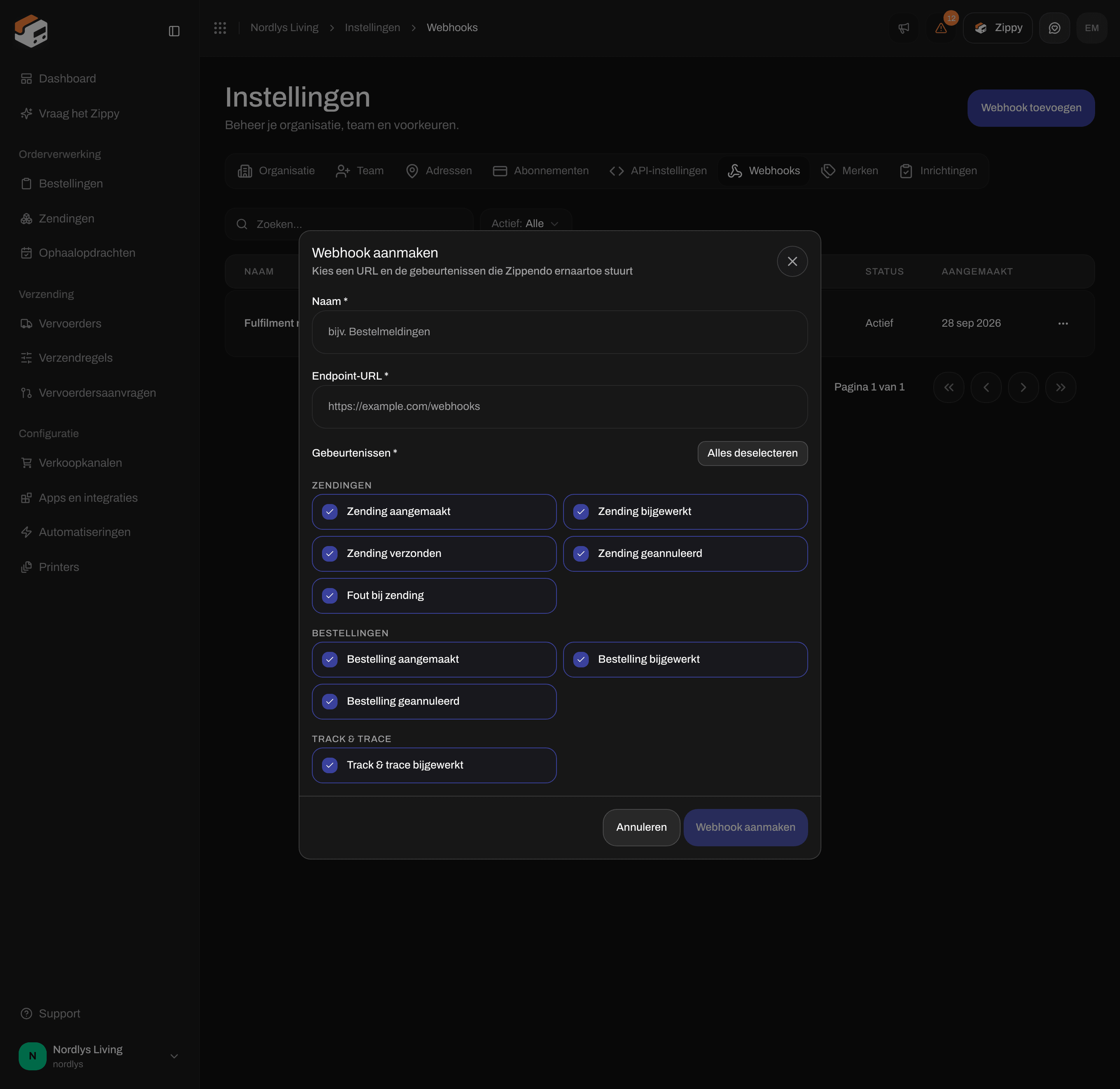 Venster Webhook aanmaken met alle negen gebeurtenissen aangevinkt, inclusief Track & trace bijgewerkt