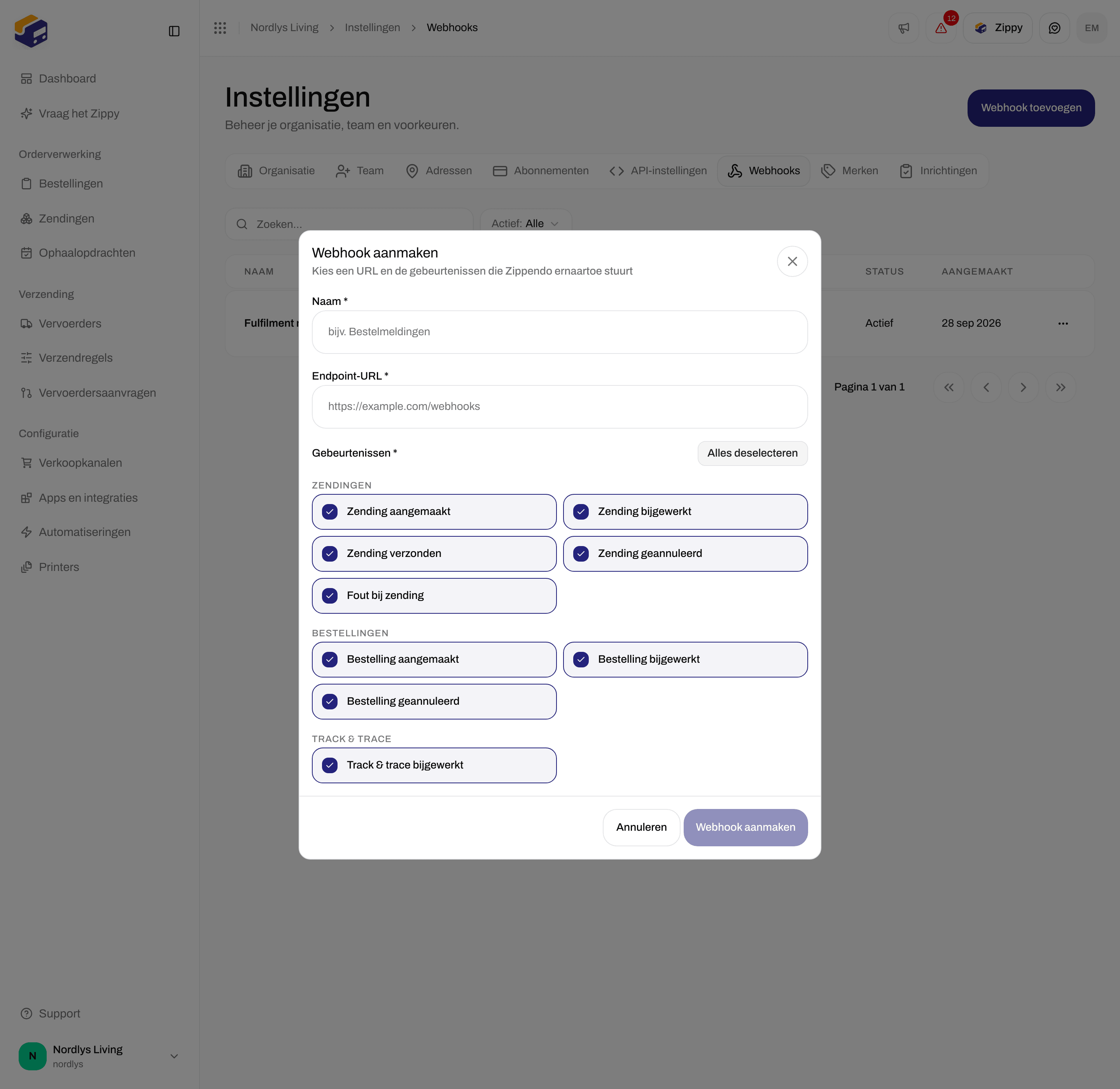 Venster Webhook aanmaken met alle negen gebeurtenissen aangevinkt, inclusief Track & trace bijgewerkt