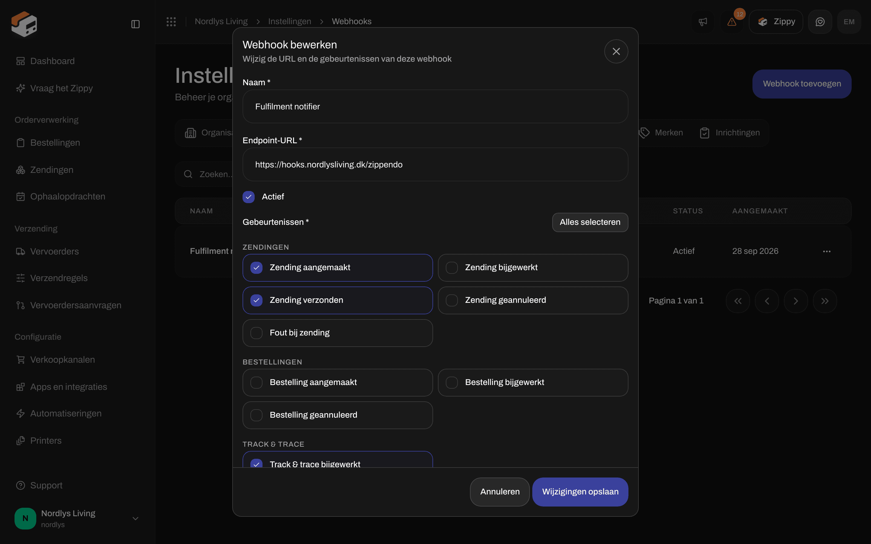 Venster Webhook bewerken met Naam, Endpoint-URL, een selectievakje Actief en de gebeurtenissen