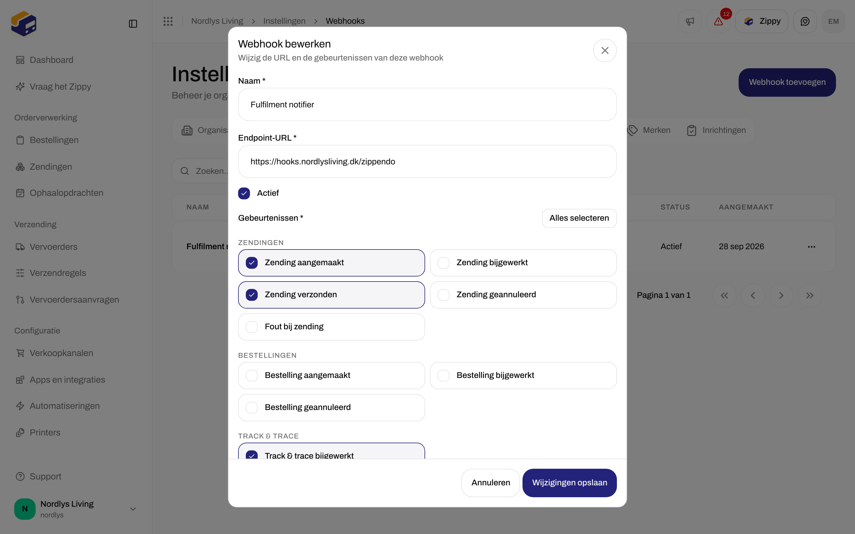 Venster Webhook bewerken met Naam, Endpoint-URL, een selectievakje Actief en de gebeurtenissen