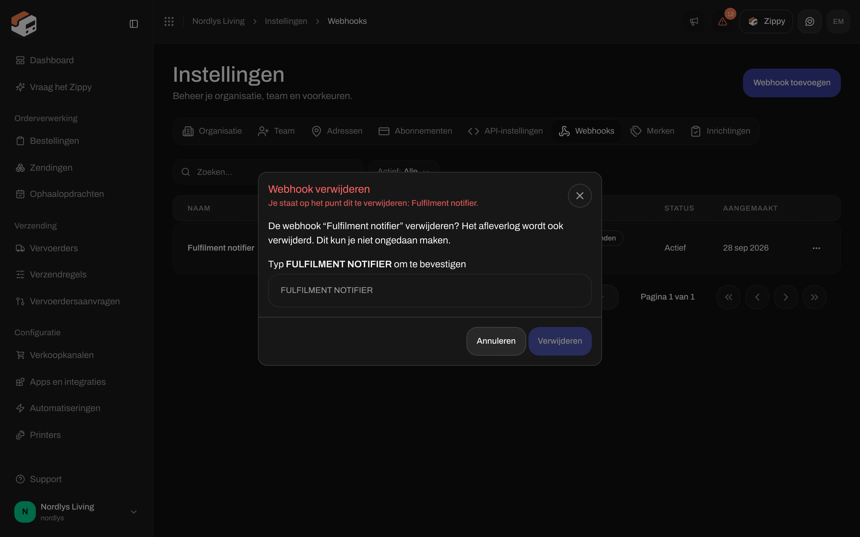 Venster Webhook verwijderen met een veld om de naam te typen ter bevestiging