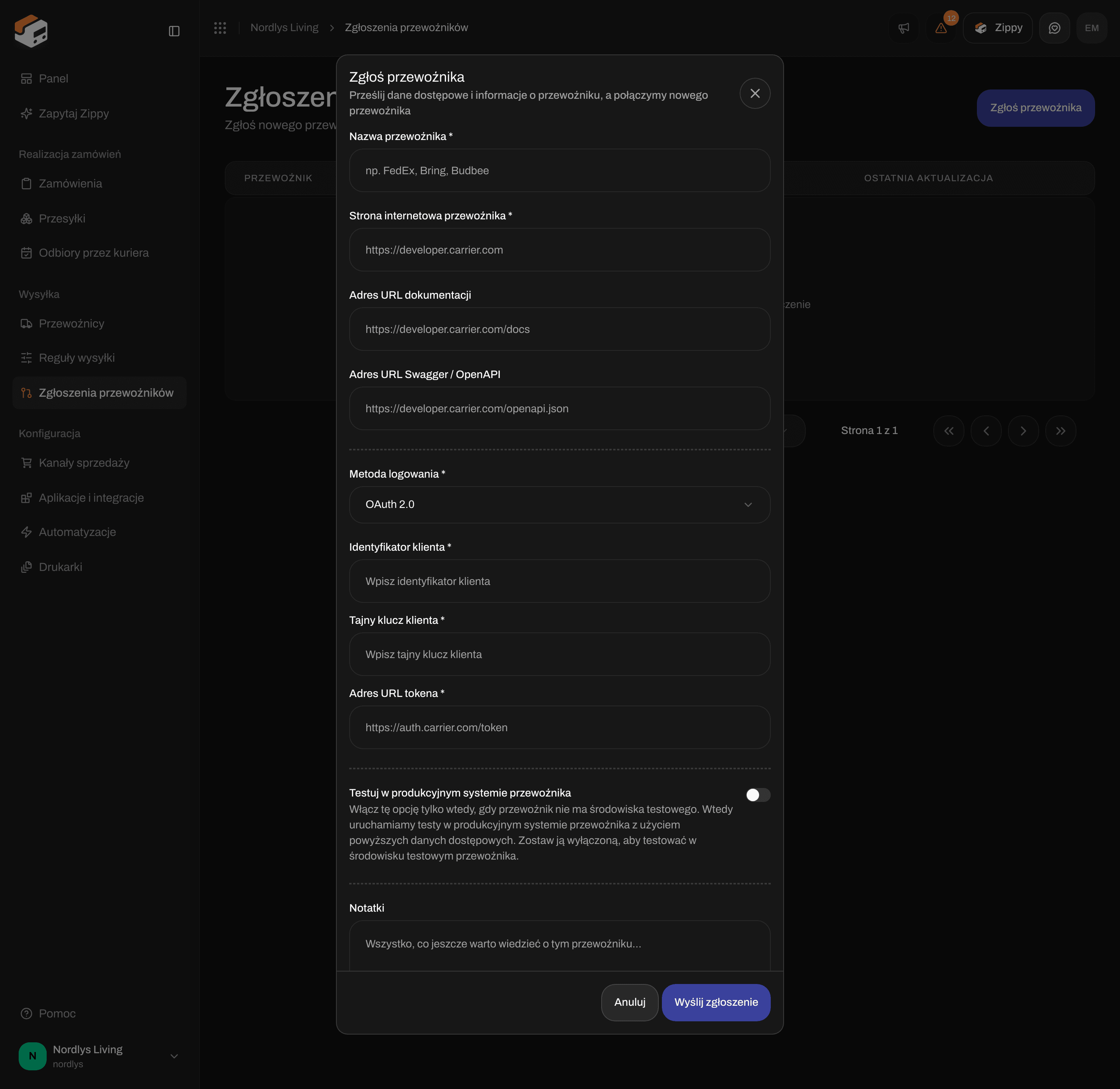 Okno Zgłoś przewoźnika z metodą logowania OAuth 2.0 i polami Client ID, Client secret i Adres URL tokena