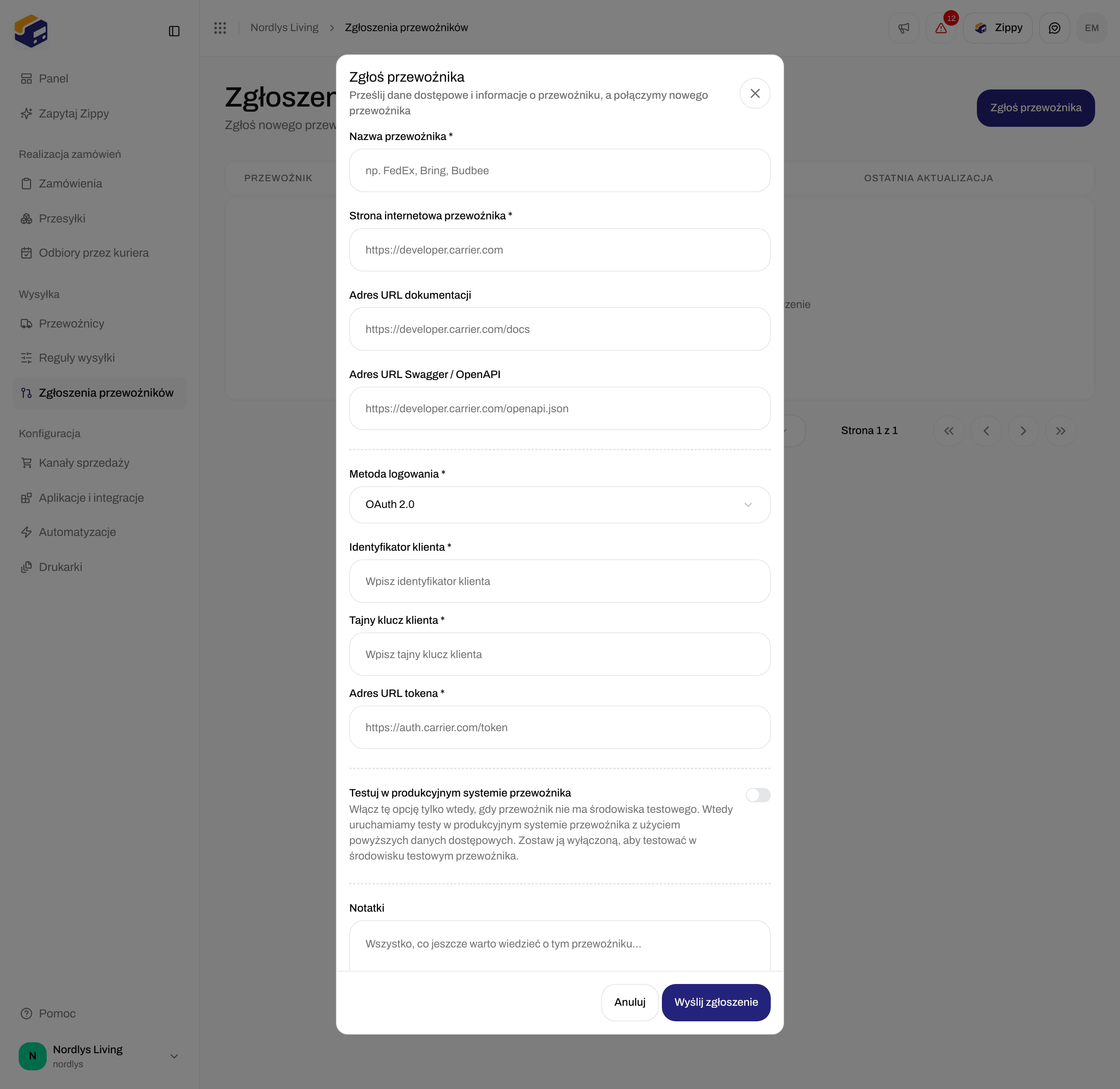 Okno Zgłoś przewoźnika z metodą logowania OAuth 2.0 i polami Client ID, Client secret i Adres URL tokena