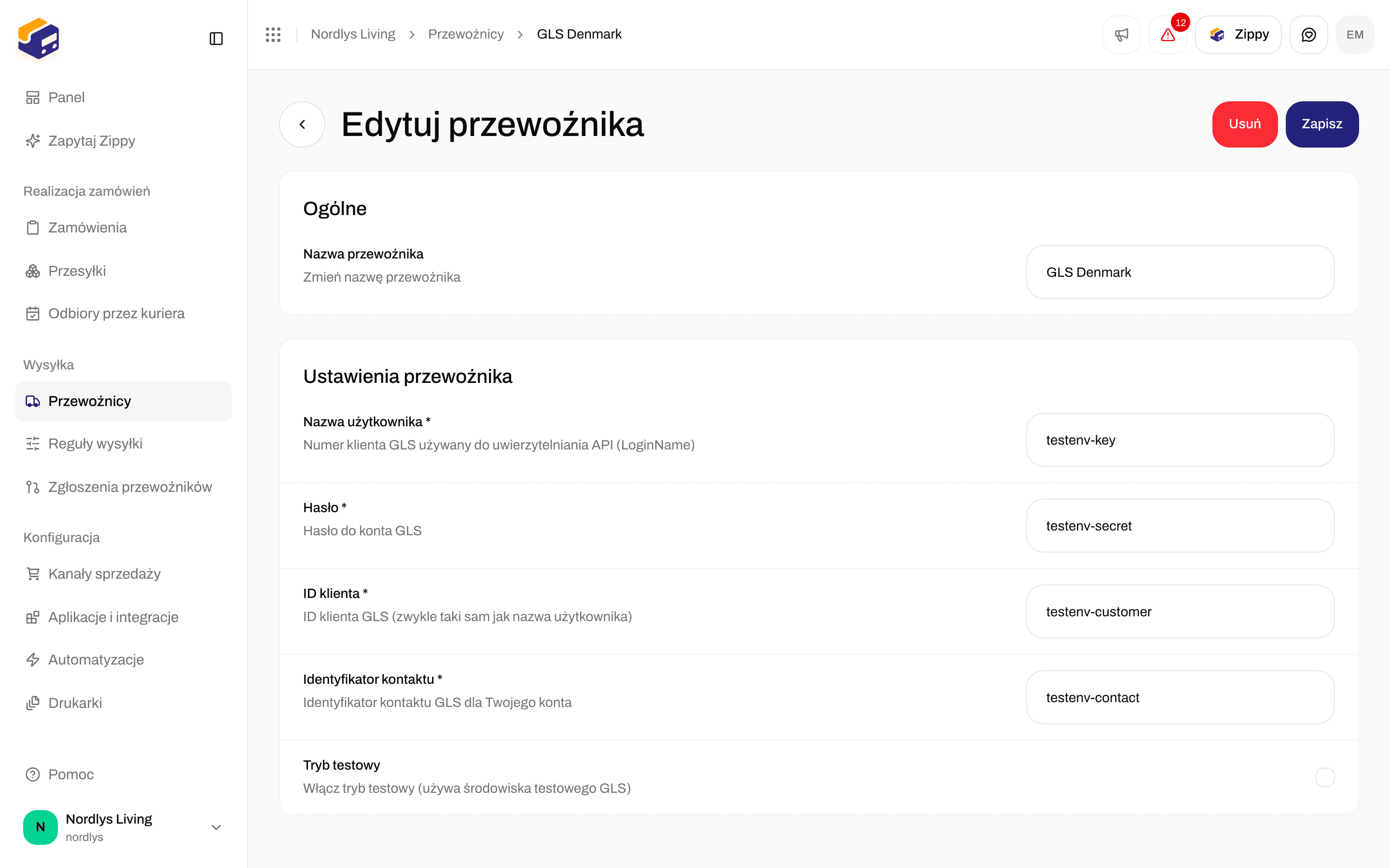 Edycja przewoźnika GLS Denmark z polem wyboru Tryb testowy w sekcji Ustawienia przewoźnika