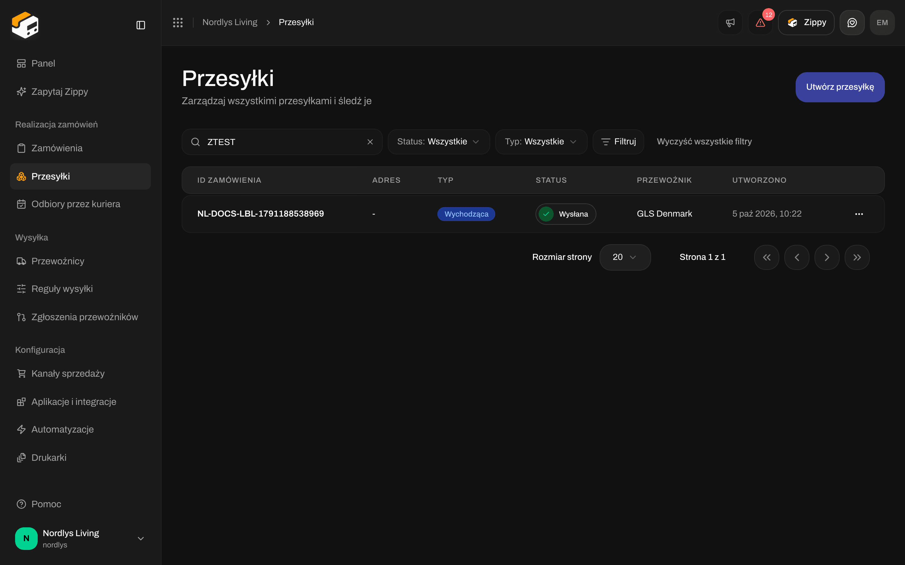 Lista przesyłek po wpisaniu numeru przesyłki w polu wyszukiwania