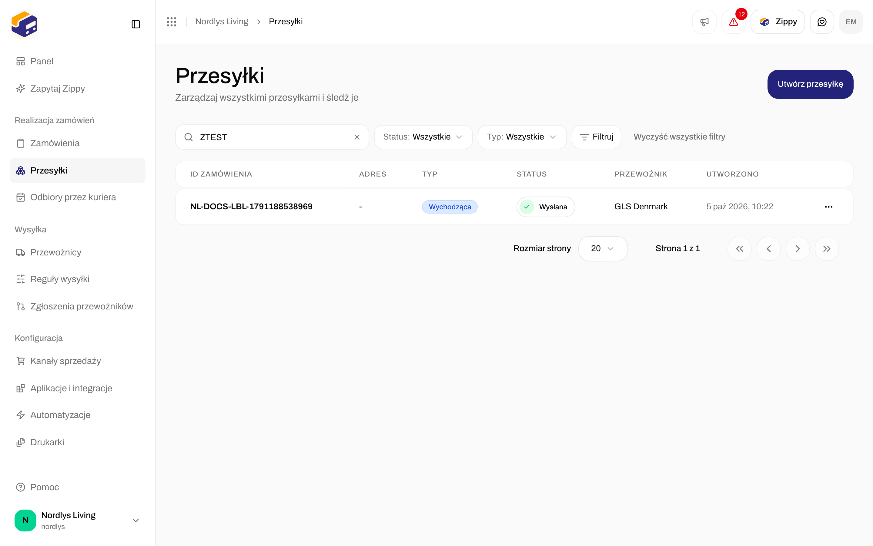 Lista przesyłek po wpisaniu numeru przesyłki w polu wyszukiwania