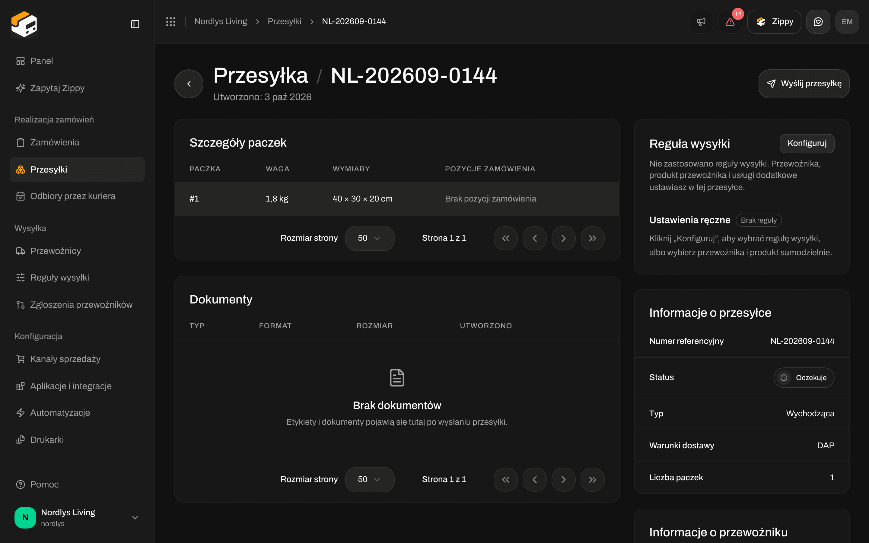 Oczekująca przesyłka z przyciskiem Wyślij przesyłkę u góry strony