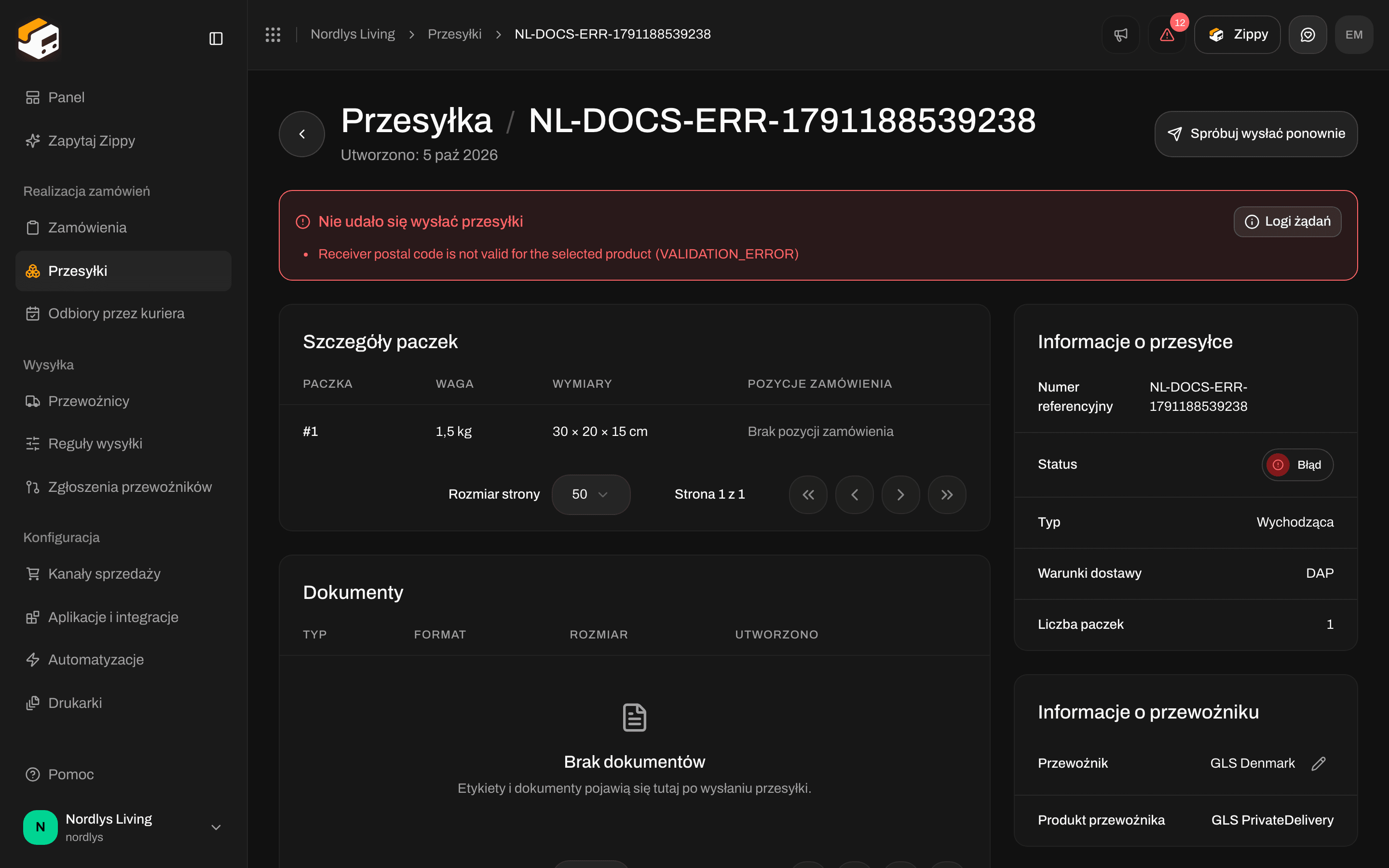 Pole Nie udało się wysłać przesyłki z przyciskiem Spróbuj wysłać ponownie u góry strony