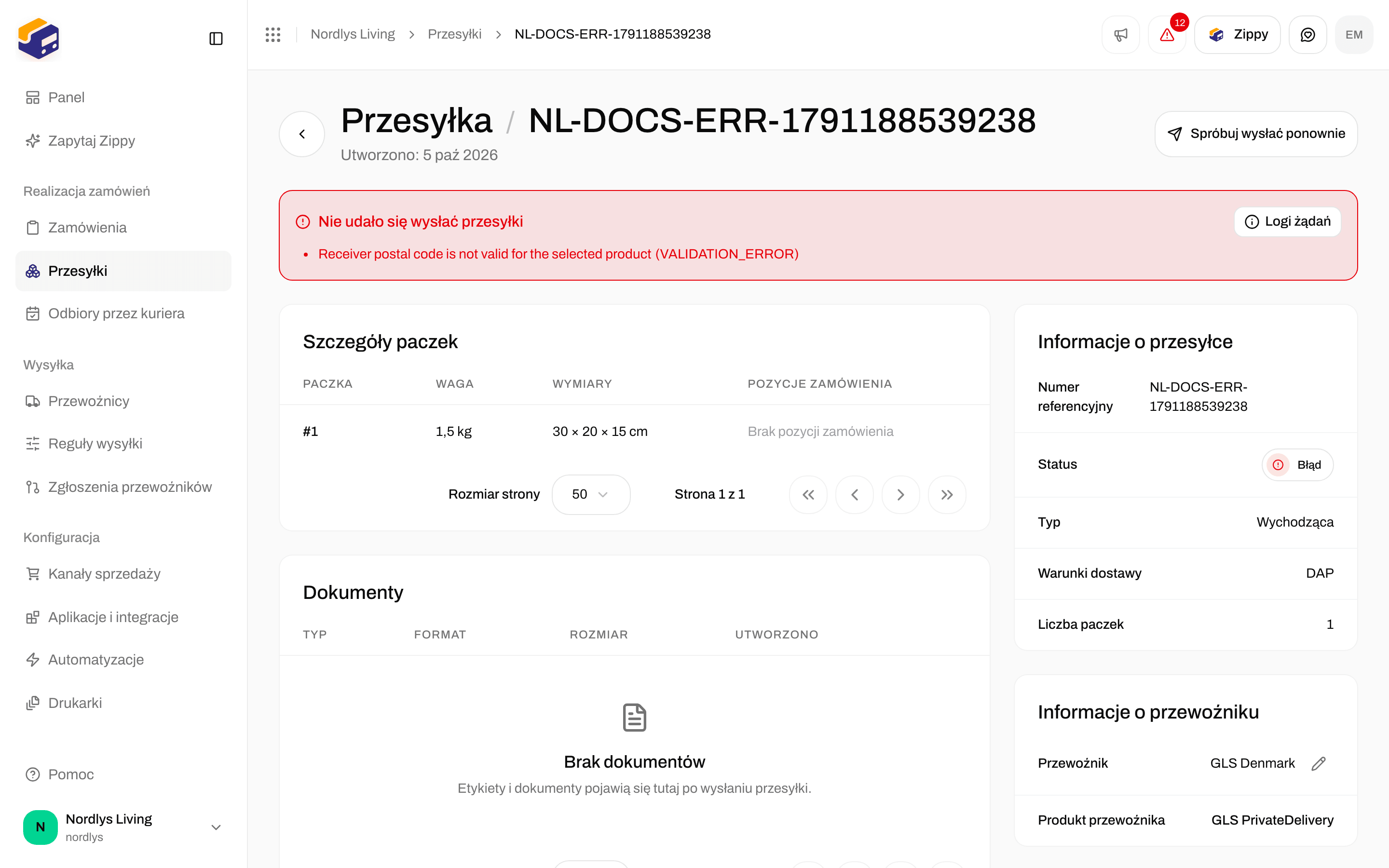 Pole Nie udało się wysłać przesyłki z przyciskiem Spróbuj wysłać ponownie u góry strony