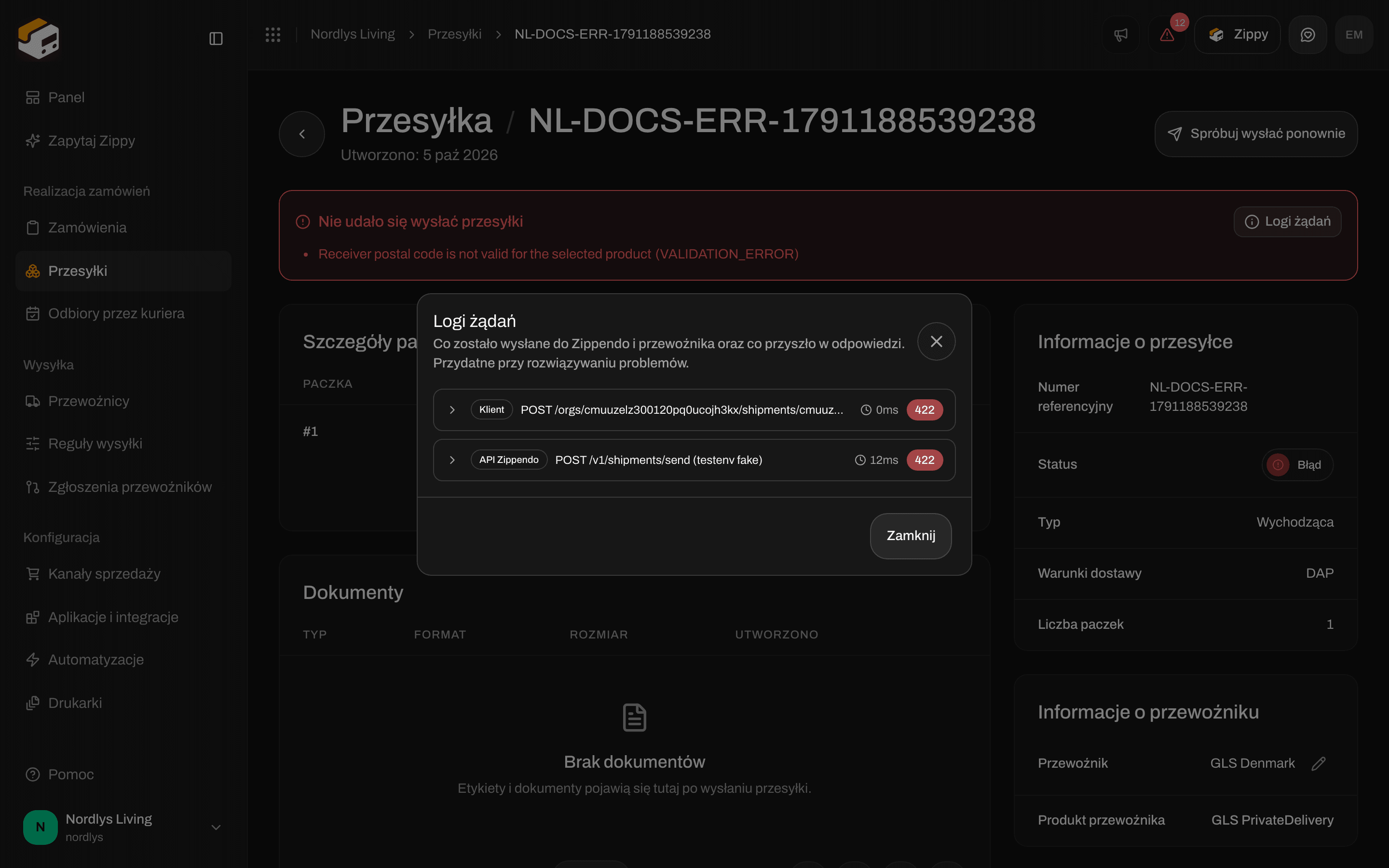 Okno Logi żądań z danymi żądania i odpowiedzi do diagnozowania