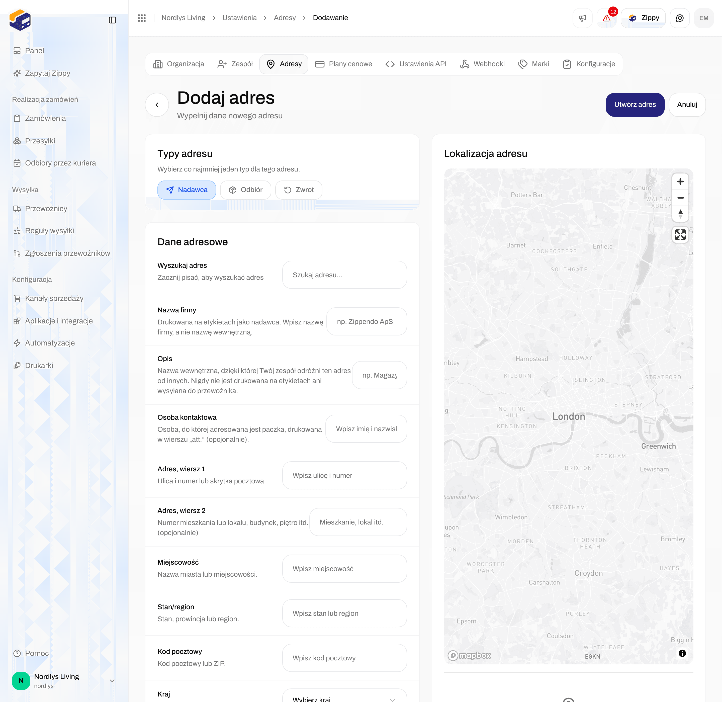 Formularz dodawania adresu z typami adresu, danymi adresu i mapą lokalizacji adresu