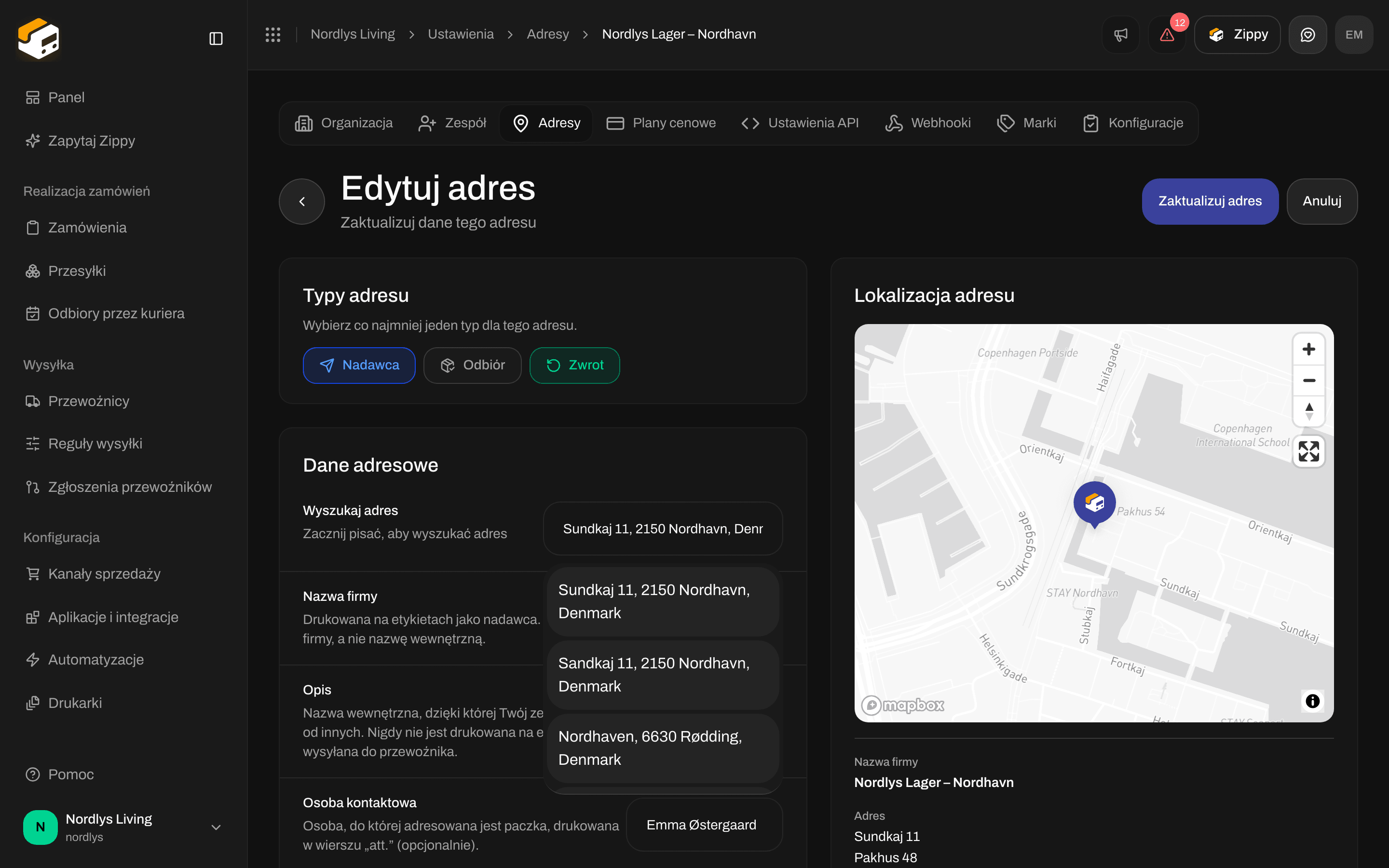 Formularz edycji adresu wypełniony przykładowym adresem magazynu i pinezką na mapie