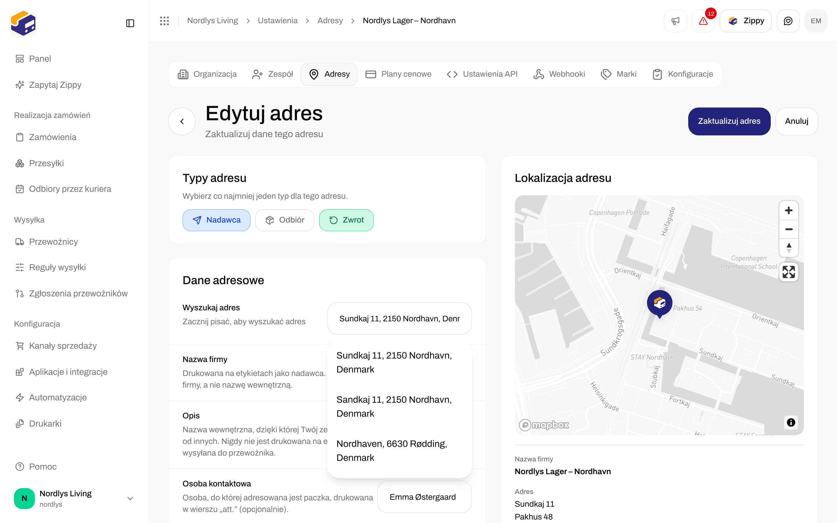 Formularz edycji adresu wypełniony przykładowym adresem magazynu i pinezką na mapie
