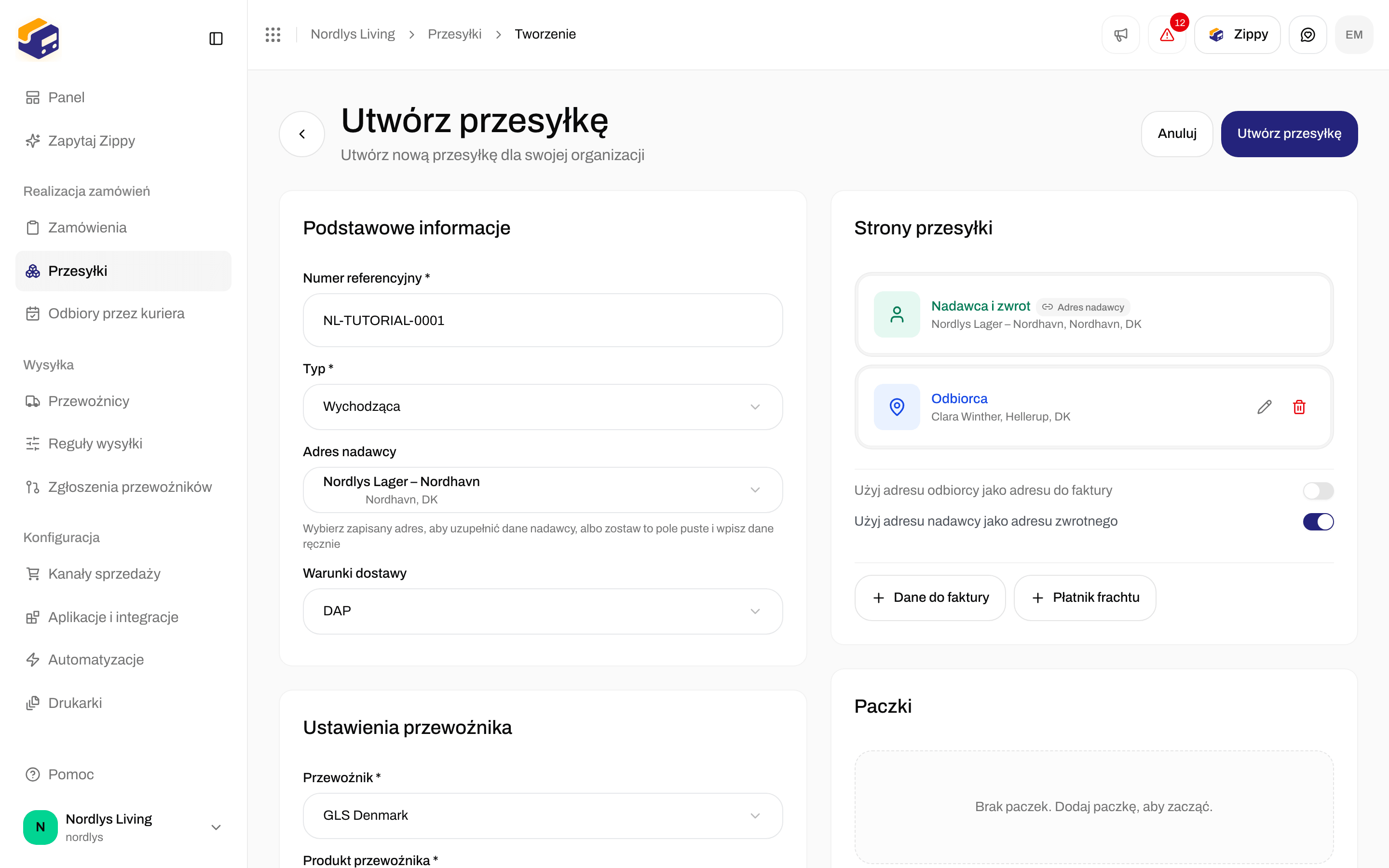 Karta Strony przesyłki z Nadawcą i Zwrotem zablokowanymi z adresu nadawcy, wierszem Odbiorcy i przełącznikami „taki sam jak”