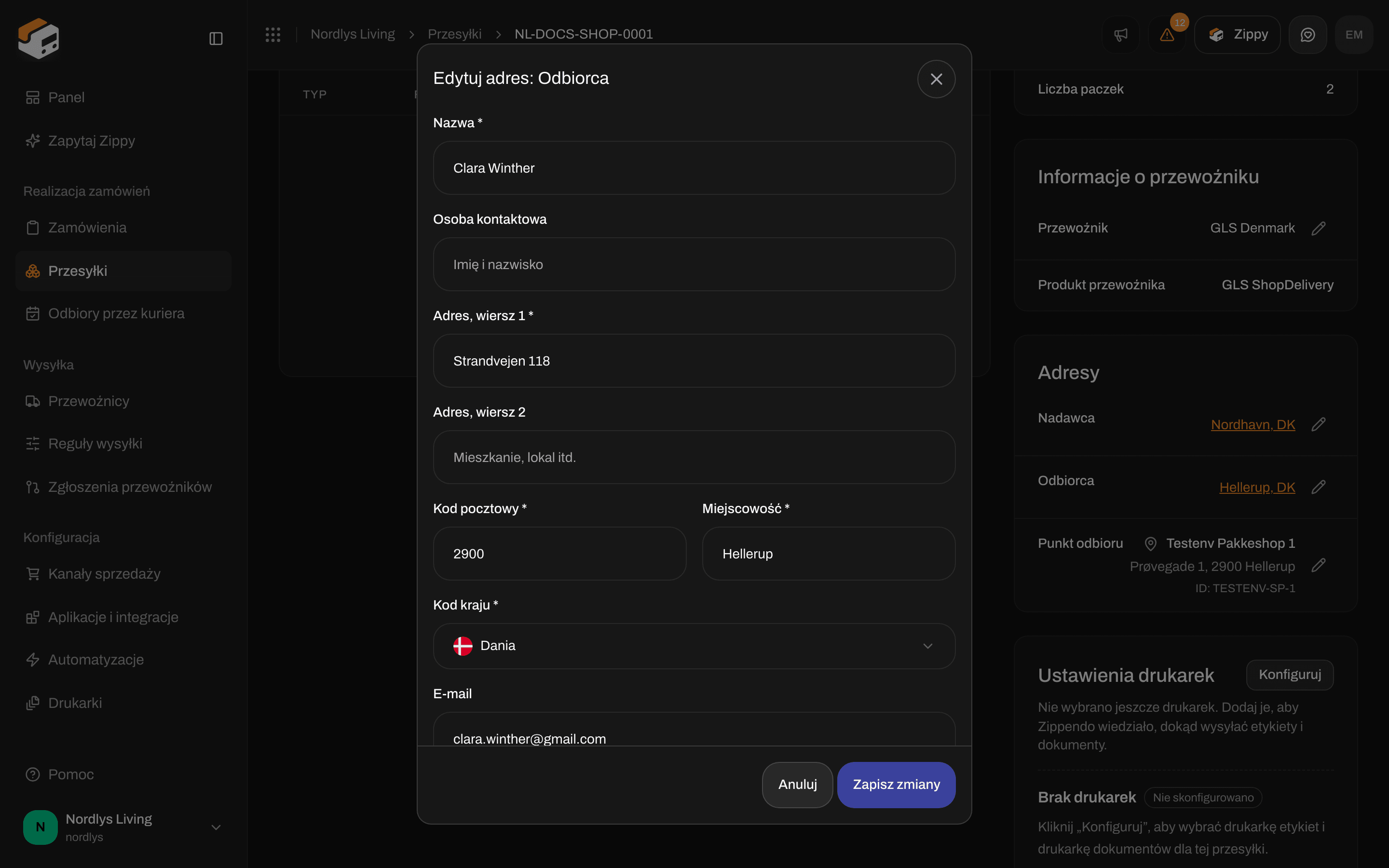 Okno Edytuj adres: Odbiorca z polami Osoba kontaktowa, wiersze adresu, kod pocztowy, miejscowość, kraj, e-mail i telefon