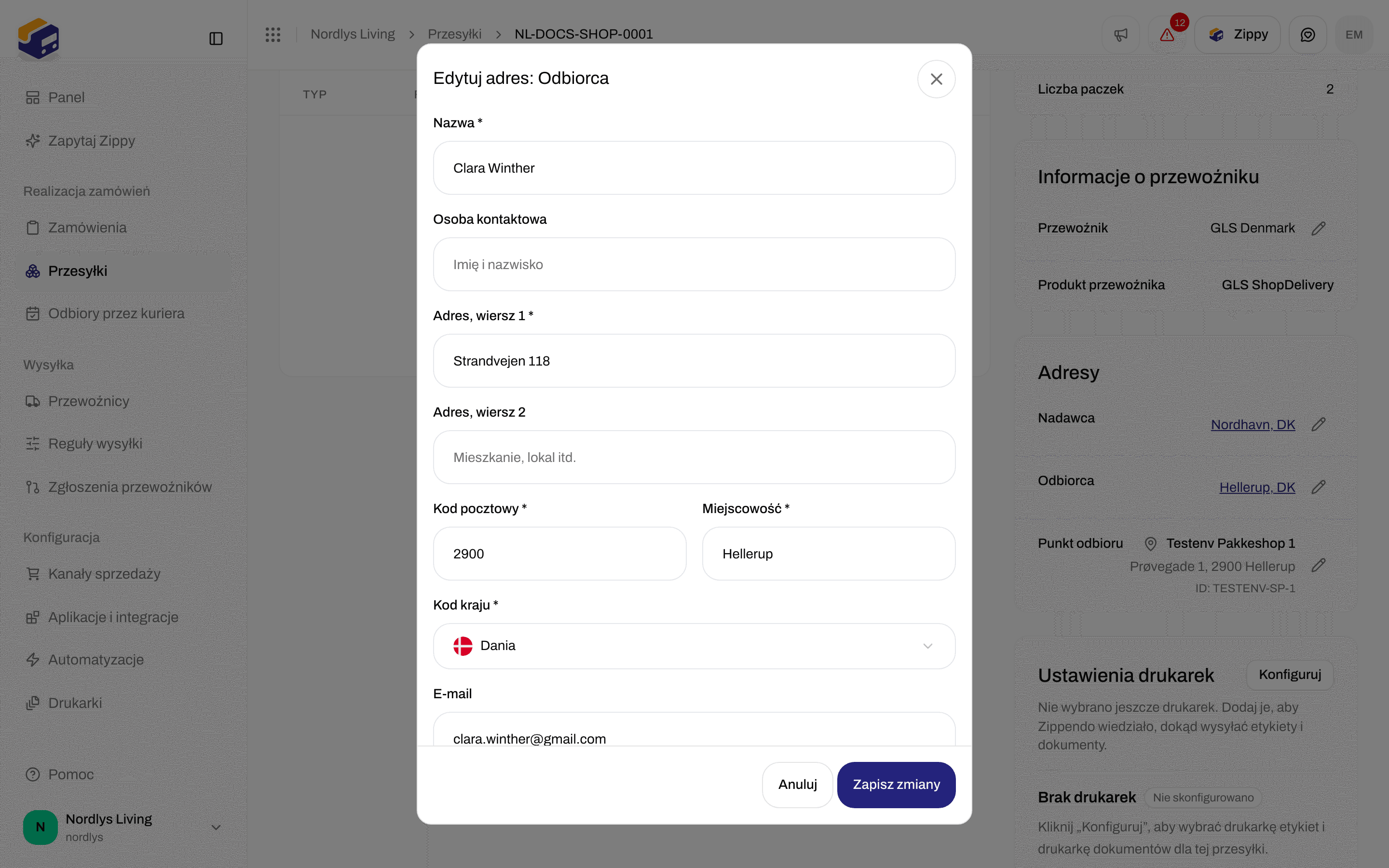 Okno Edytuj adres: Odbiorca z polami Osoba kontaktowa, wiersze adresu, kod pocztowy, miejscowość, kraj, e-mail i telefon