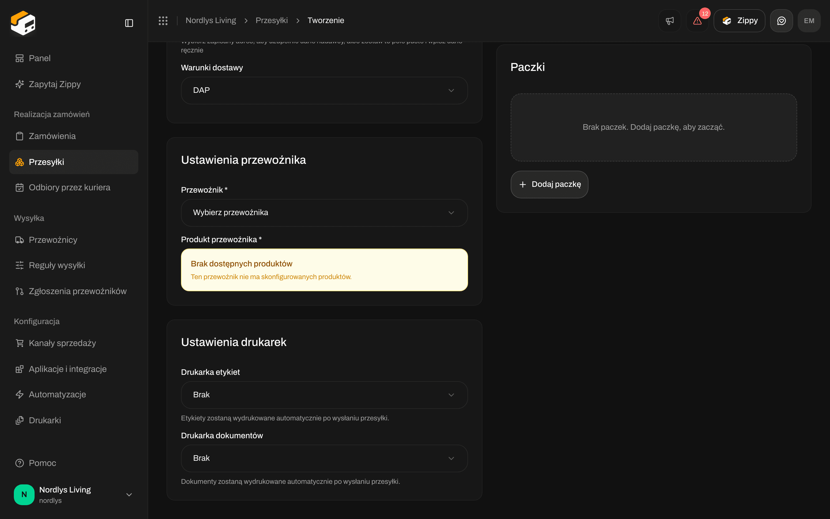 Ramka Ustawienia drukarek w Utwórz przesyłkę z polami Drukarka etykiet i Drukarka dokumentów ustawionymi na Brak