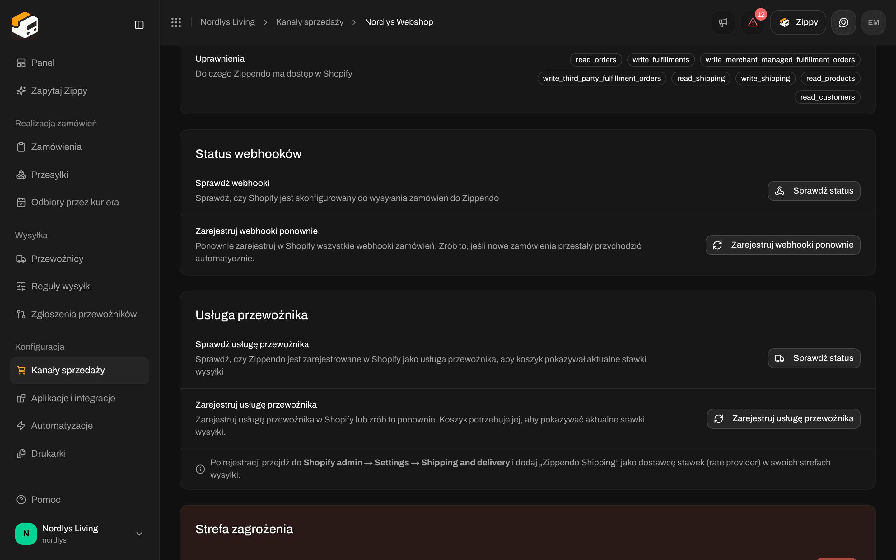 Karta Połączenie i integracja w Shopify z kartą Usługa przewoźnika, Sprawdź status i Zarejestruj usługę przewoźnika