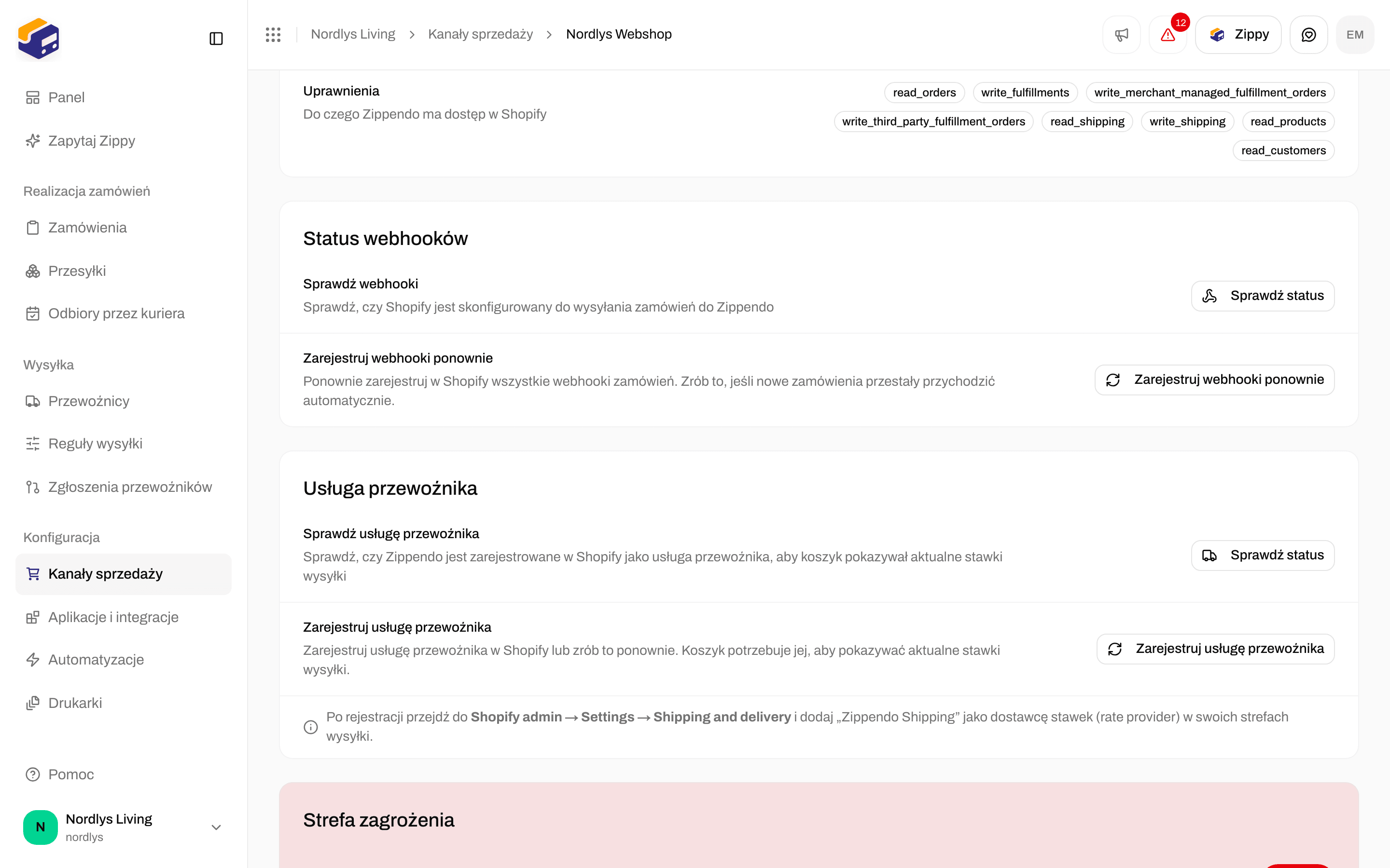Karta Połączenie i integracja w Shopify z kartą Usługa przewoźnika, Sprawdź status i Zarejestruj usługę przewoźnika