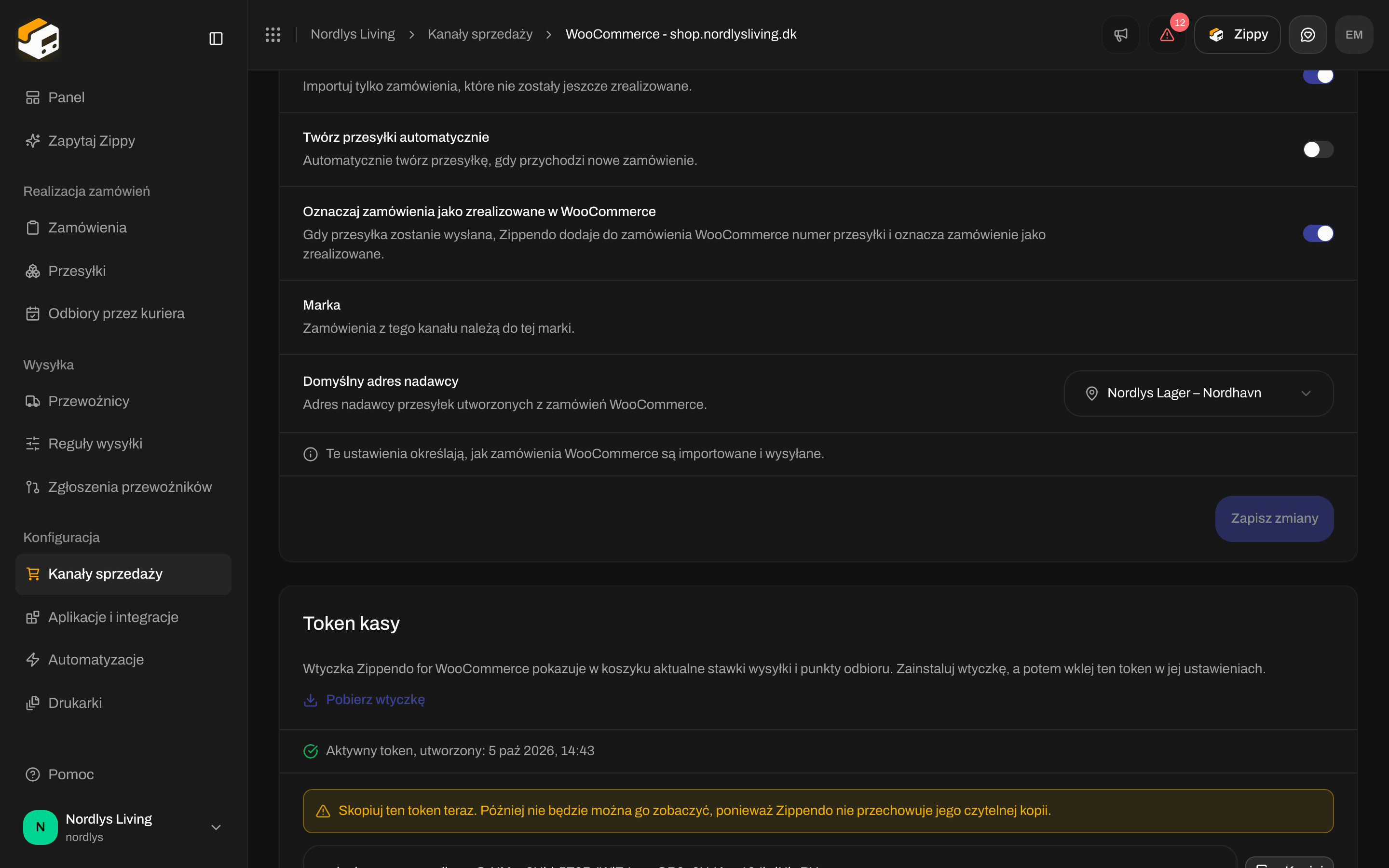 Karta Token kasy z jednorazowym ostrzeżeniem, tokenem zck_, przyciskami Kopiuj, Unieważnij i Zastąp token