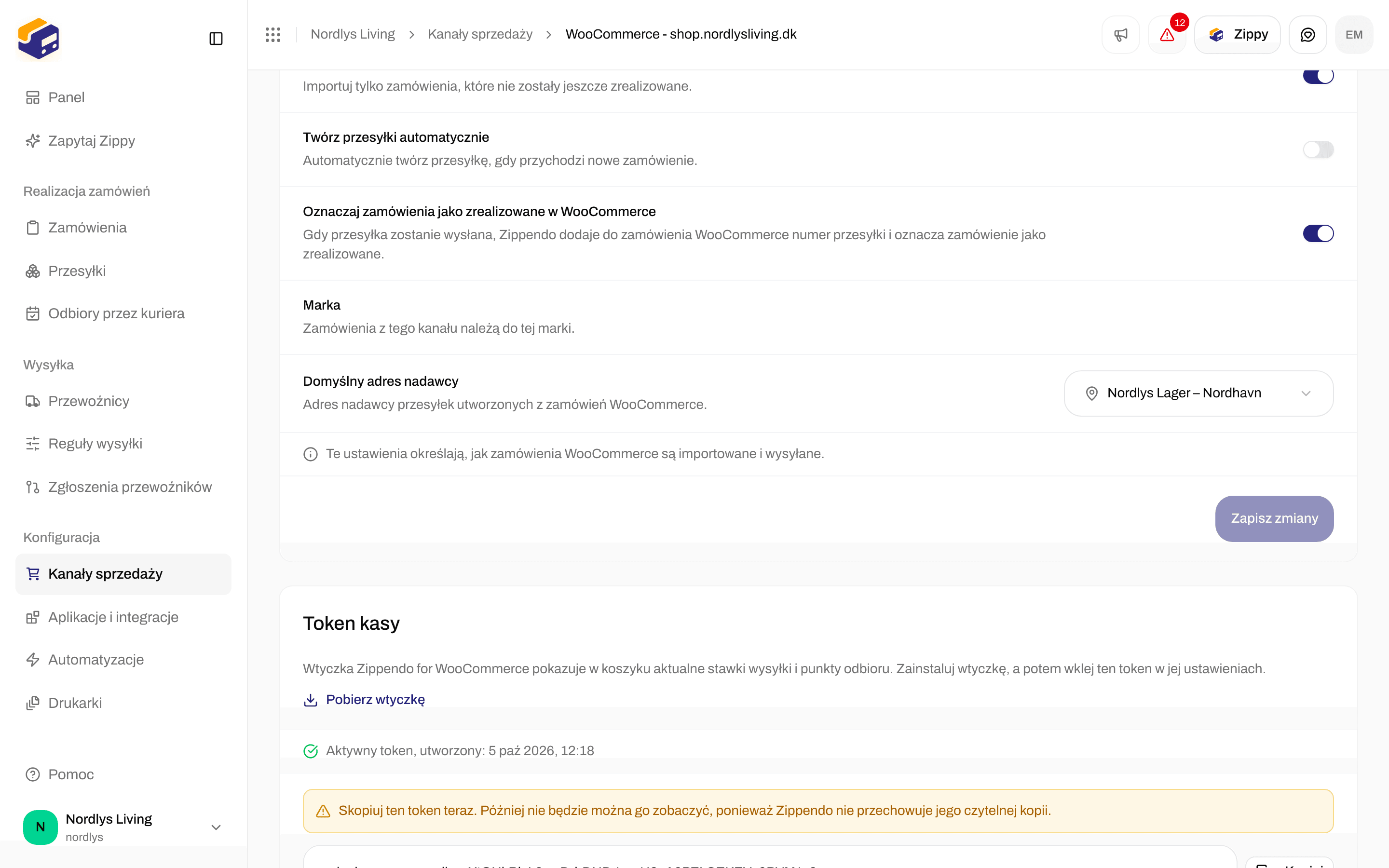 Karta Token kasy z jednorazowym ostrzeżeniem, tokenem zck_, przyciskami Kopiuj, Unieważnij i Zastąp token