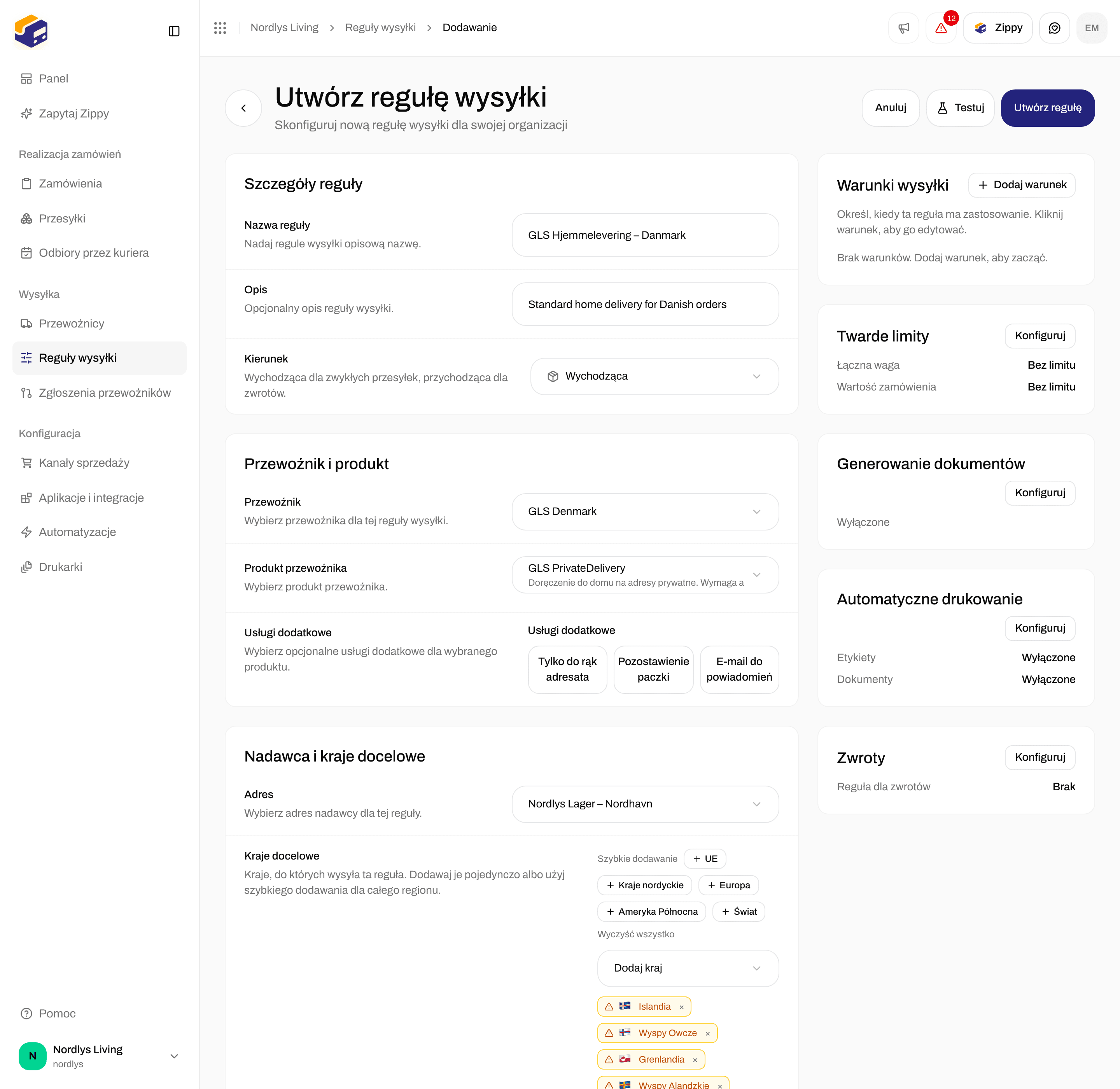 Formularz Utwórz regułę wysyłki z GLS Denmark, GLS PrivateDelivery i krajami nordyckimi jako krajami docelowymi