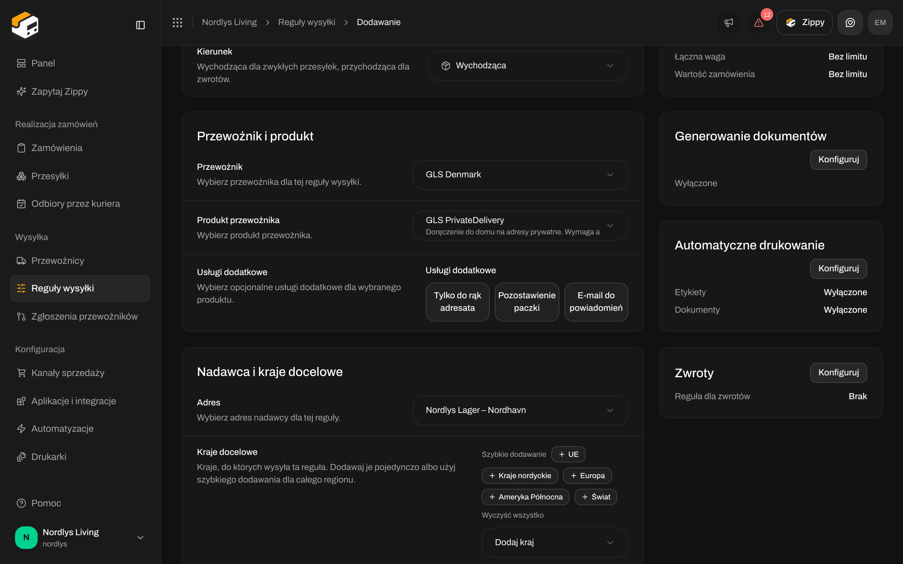 Twarde limity z polami Minimum i Maksimum dla łącznej wagi i wartości zamówienia