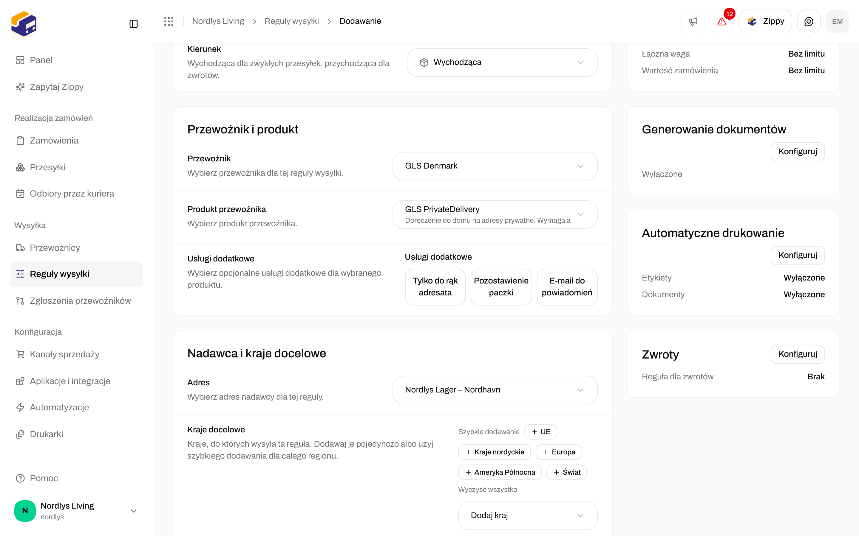 Twarde limity z polami Minimum i Maksimum dla łącznej wagi i wartości zamówienia