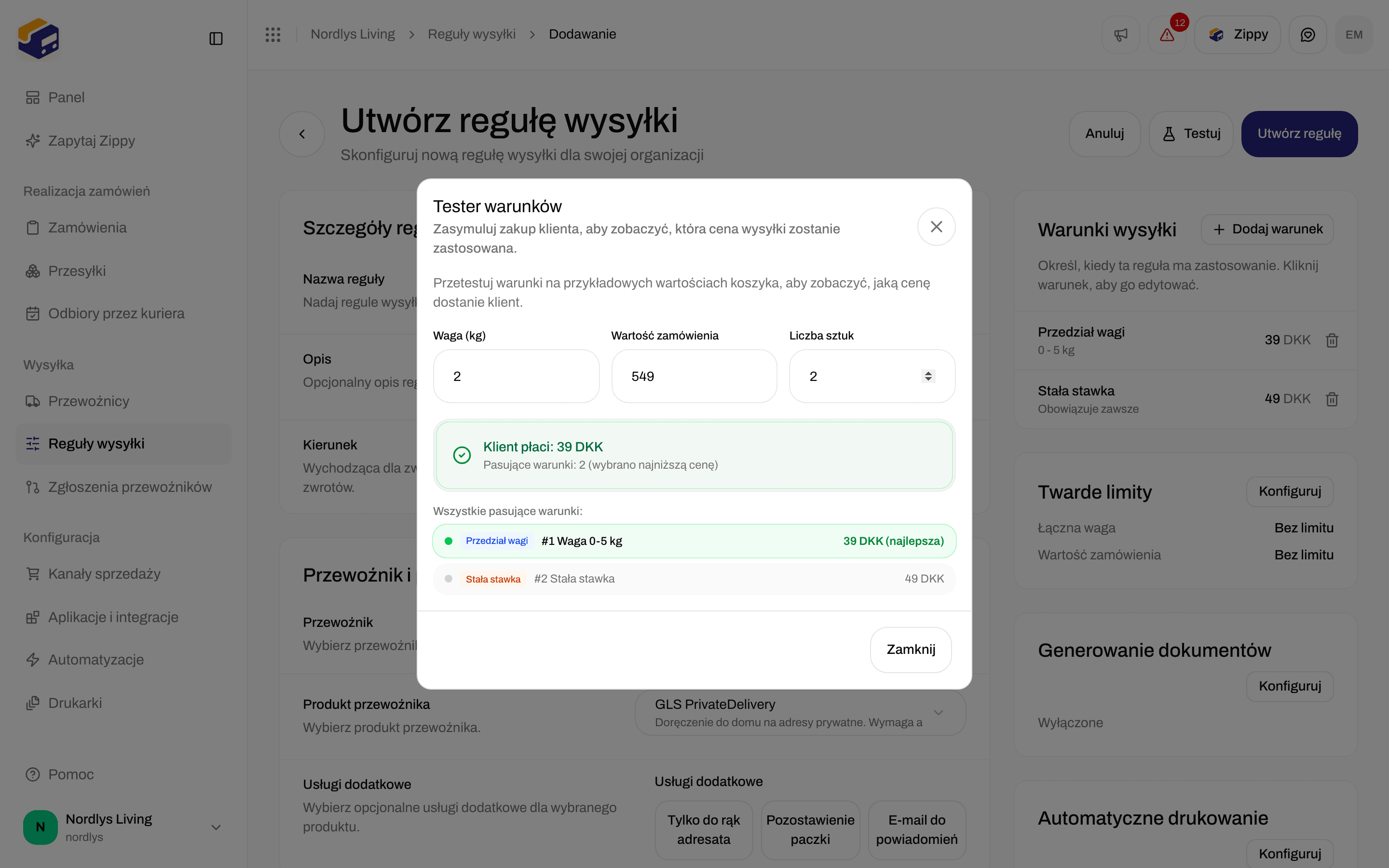 Okno Tester warunków z wagą 2 kg, wartością zamówienia 549 i liczbą sztuk 2