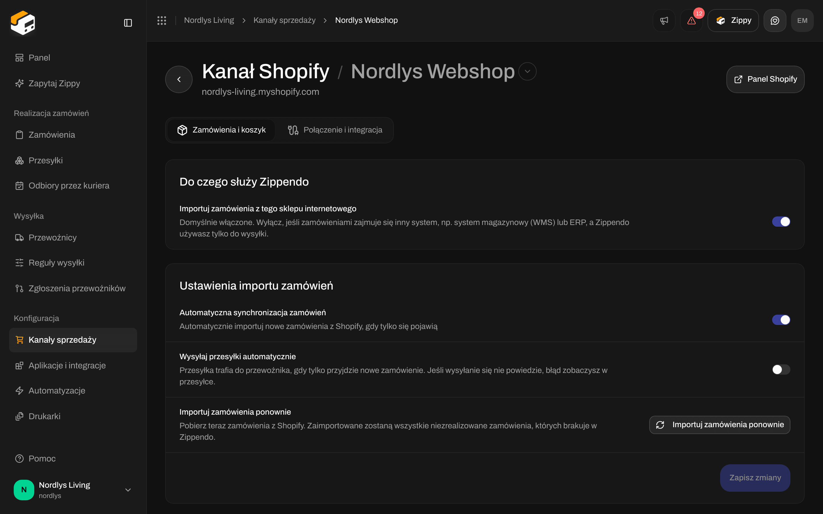 Karta Zamówienia i koszyk w Shopify z przełącznikami importu zamówień i realizacji