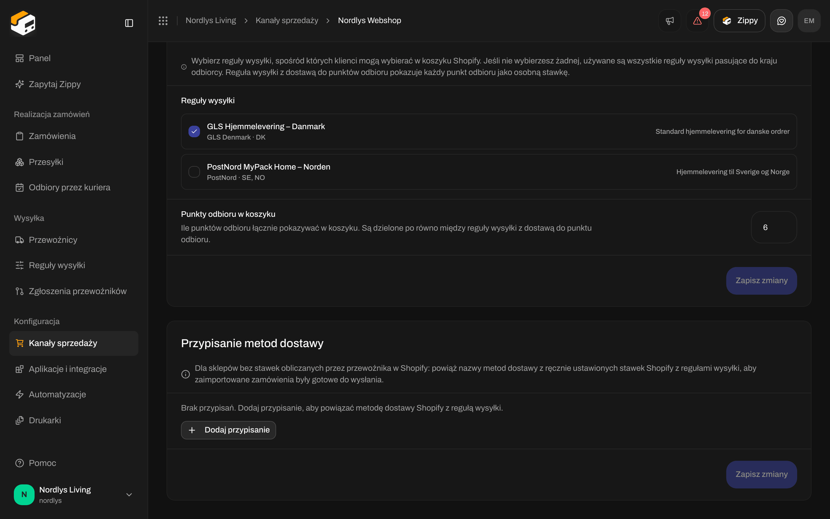 Przypisanie metod dostawy bez żadnych przypisań i przyciskiem Dodaj przypisanie