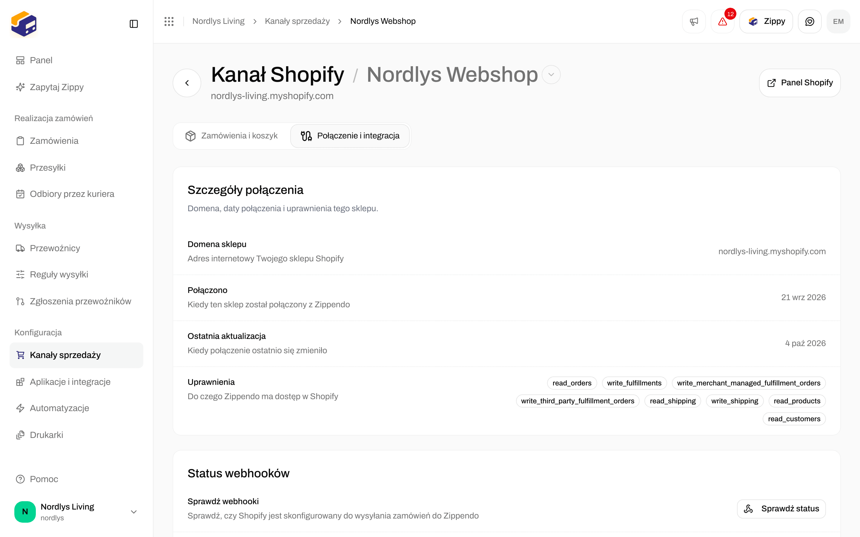 Karta Połączenie i integracja w Shopify ze szczegółami połączenia i kontrolami statusu