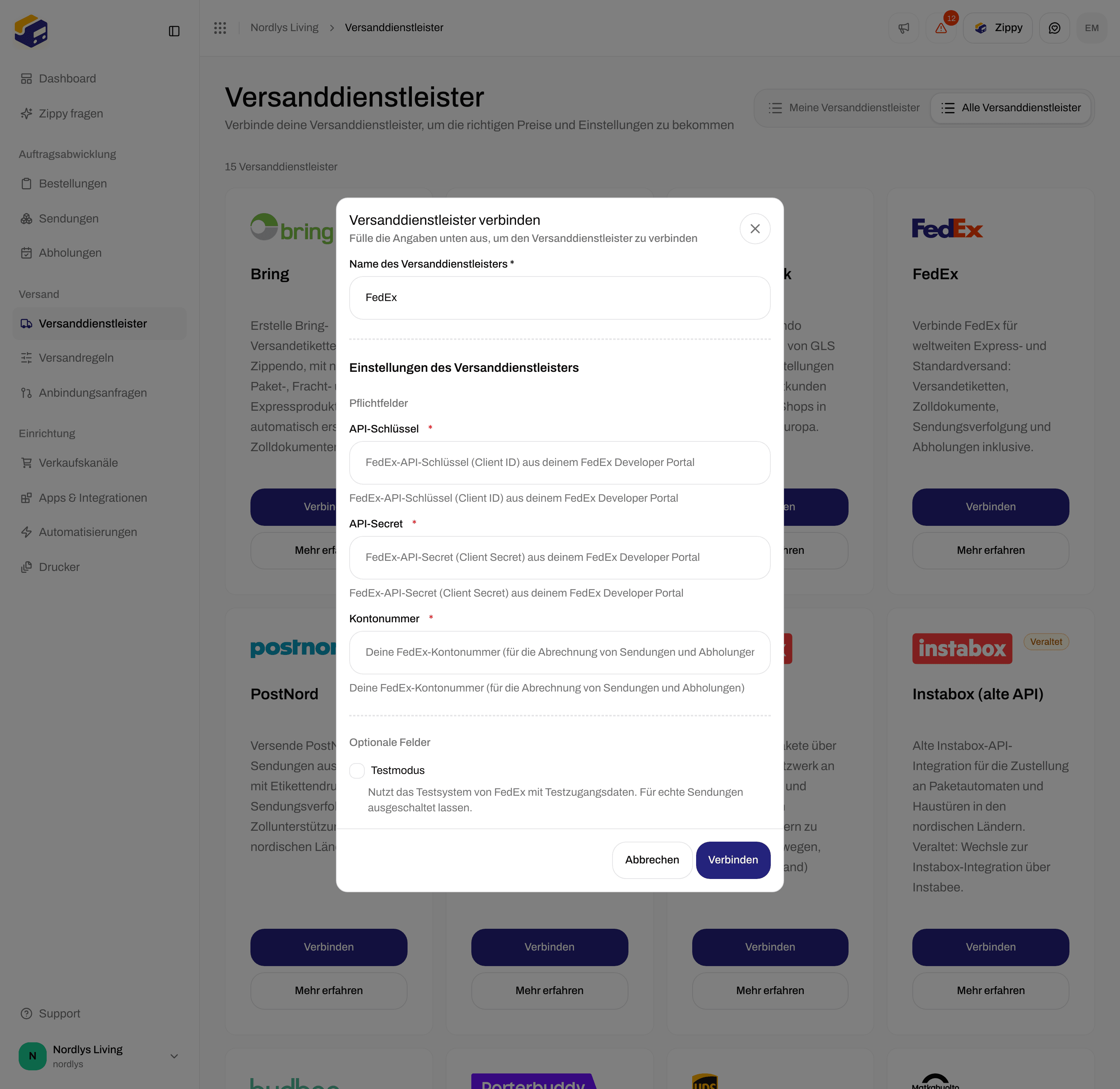 Fenster Versanddienstleister verbinden für FedEx mit den erforderlichen Feldern API-Schlüssel, API secret und Account number