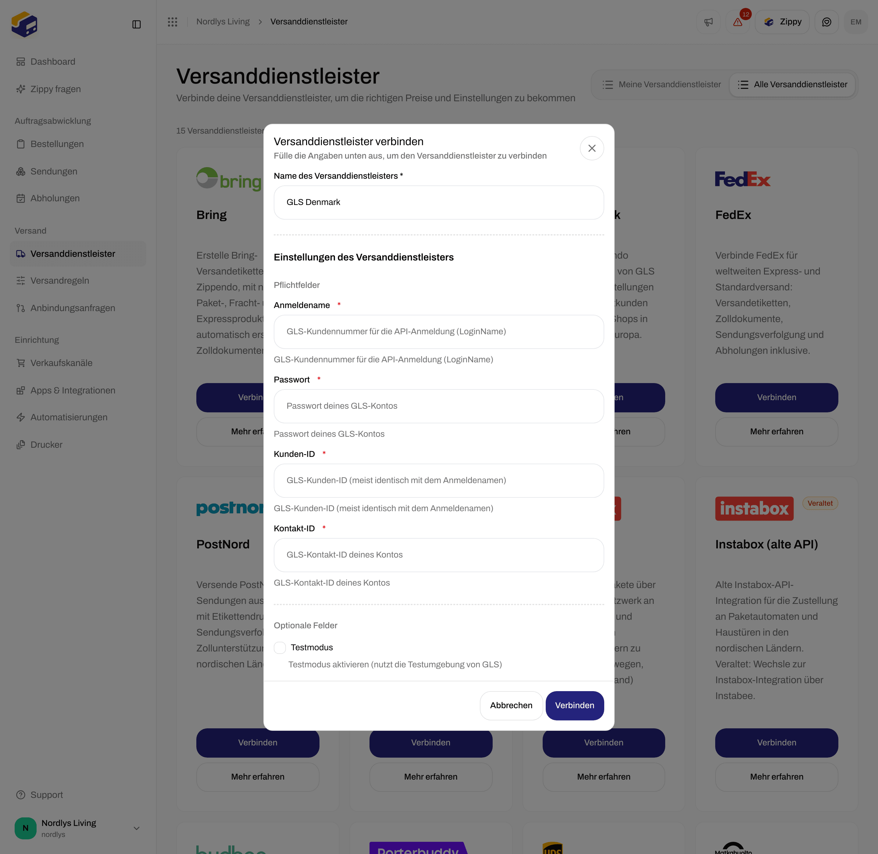 Verbindungsformular für GLS Denmark, gescrollt zu Optionale Felder und dem Kontrollkästchen Testmodus